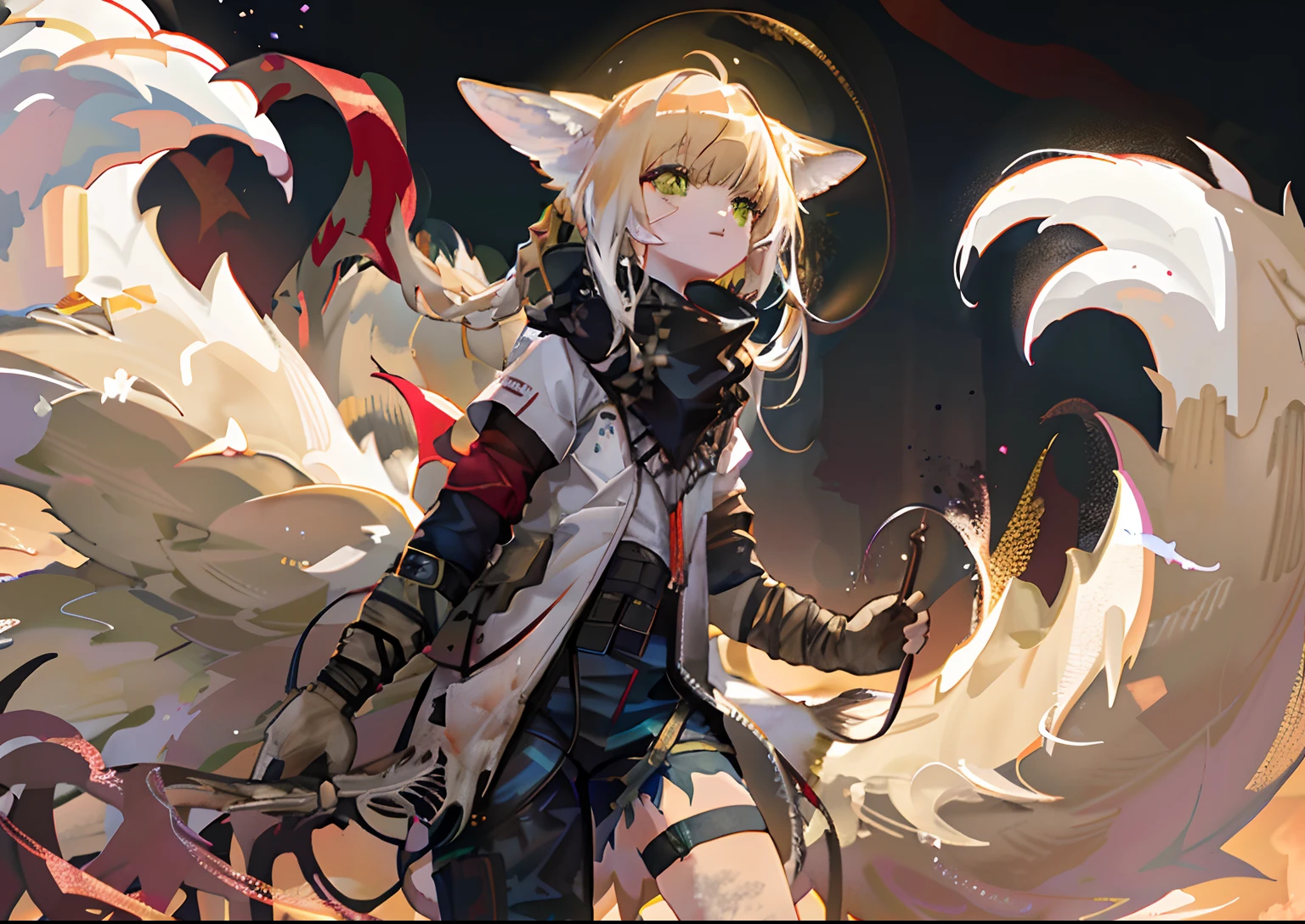 1girl, full bodyesbian, 独奏, Lateral face, (Look from afar:1.4), (walk:0.3), (standing on your feet:0.7), (petite :1.4)), beast ear,Headsets, Green eyes，blond hairbl，lips parted，ssmile，two tone color hair，whaite hair，short detailed hair，pigtails，floated hair，Black scarf，ripped clothing，dirty clothes，jaket，The shirt，（（kyuubi），Multi-tail,Foxtail),longer sleeves,((Red armband)),Black gloves,Fingerless gloves,flatchest,white stockings,Thigh straps,(asymmetrical),Single bare leg,Single pants legs,Brown boots,(Lostlands Flowering :1.3), (Background with((scenecy:0.28),（big trees），（grassy fields），（florals），（Lily of the valley））