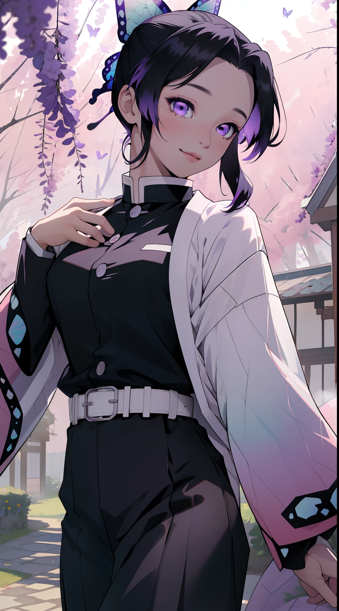 Ultra-realistic 8k CG,masterpiece,((ultra-detailed background, delicate pattern, intricate details)),best quality,very detailed face,extremely detailed eyes and face,extremely detailed eyes,kochou shinobu,multicolored hair,no bangs,hair intakes,purple eyes,forehead,black shirt,black pants,haori,butterfly,buttons,belt,(Garden:1.2),purple flower,chibi,cloudy sky,sunlight,Tindal effect,gradient_sky,face,Gorgeous sky,Waist Sabre,Charming posture,