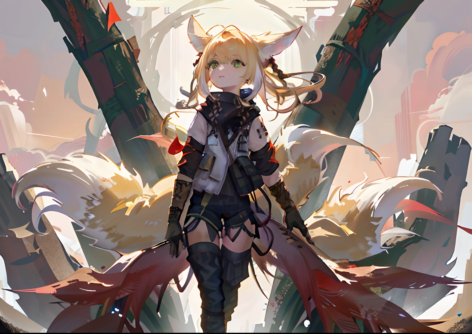 1girl, full bodyesbian, 独奏, Lateral face, (Look from afar:1.4), (walk:0.3), (standing on your feet:0.7), (petite :1.4)), beast ear,Headsets, Green eyes,blond hairbl,lips parted,ssmile,two tone color hair,whaite hair,short detailed hair,pigtails,floated hair,Black scarf,ripped clothing,dirty clothes,jaket,The shirt,((kyuubi),Multi-tail,Foxtail),longer sleeves,((Red armband)),Black gloves,Fingerless gloves,flatchest,white stockings,Thigh straps,(asymmetrical),Single bare leg,Single pants legs,Brown boots,(Lostlands Flowering :1.3), (Background with((scenecy:0.28),(big trees),(grassy fields),(florals),(Lily of the valley))