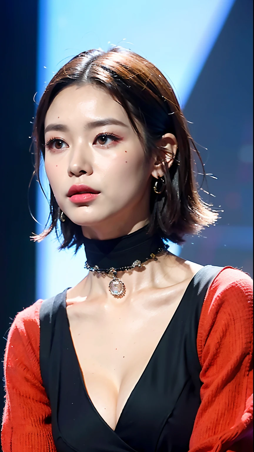 (best qualtiy,8k,32k,tmasterpiece,UHD:1.2),Beautiful Chinese woman,big cleavage breasts,short detailed hair,The upper part of the body,sface focus,loose sweater,choker necklace,minimalistic background,Look down at the moment,Look at the audience。