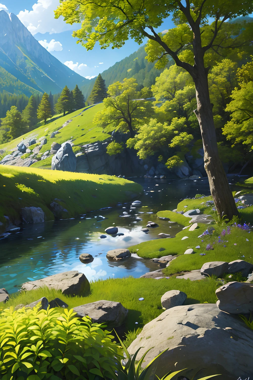 (Masterpiece, Best Quality, High Quality, Highres:1.4), Detailed, Extremely Detailed, Ambient Soft Lighting, 4K,
Outdoors, (Nature, Oak Forest:1.2), (Rocks:1.2), Mountais, Flowers, Plants,