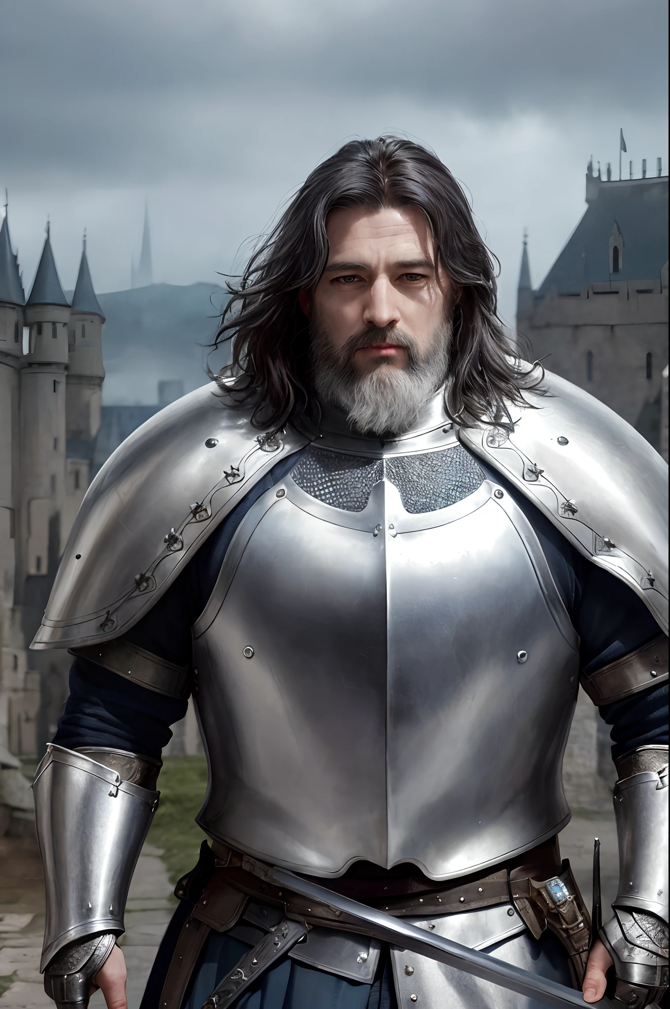 photorealistic, top quality, masterpiece, cinematic composition, slow motion, (medium shot of a medieval knight, sombre and weathered face, beard, grey hair:1.2), chain mail and plate armour, (realistic and detailed|intricate armour:1.1), (visible face:1.3), (photorealistic physiognomy|eyes|iris|skin|musculature, detailed skin, skin texture, natural skin), (holding a sword in his hand:1. 2), frontal perspective, imposing and determined pose, looking forward with determination, skin imperfections, natural skin wrinkles, natural skin spots, highly detailed clothes, abundant details, intricate details, realistic wrinkles in clothing, medieval fantasy landscape, cloudy sky, castle in the background in the distance, radiant lighting, deep shadows, dramatic scene, dark and cool colour palette, blue and grey tones, No other characters in the scene, abundant detail|intricate, detailed landscape, volumetric lighting, (detailed lighting), (detailed light reflections on armour:1. 1), 8k, highly detailed, UHD, HDR, photorealistic facial expression|hairstyle