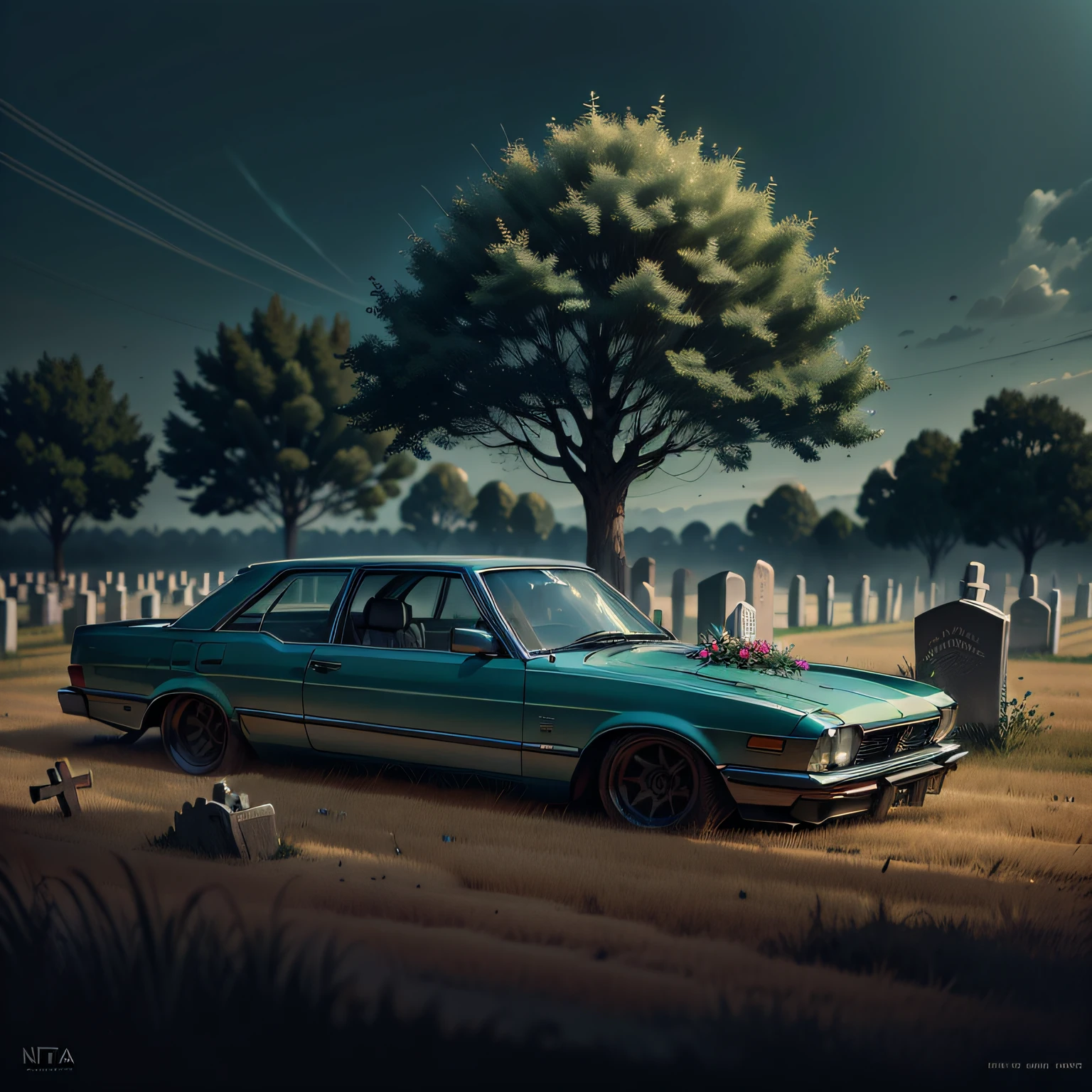 Hip Hop Artwork Pictures, one car, ((Many grave markers)), Grass and trees, Low saturation, natta, neons