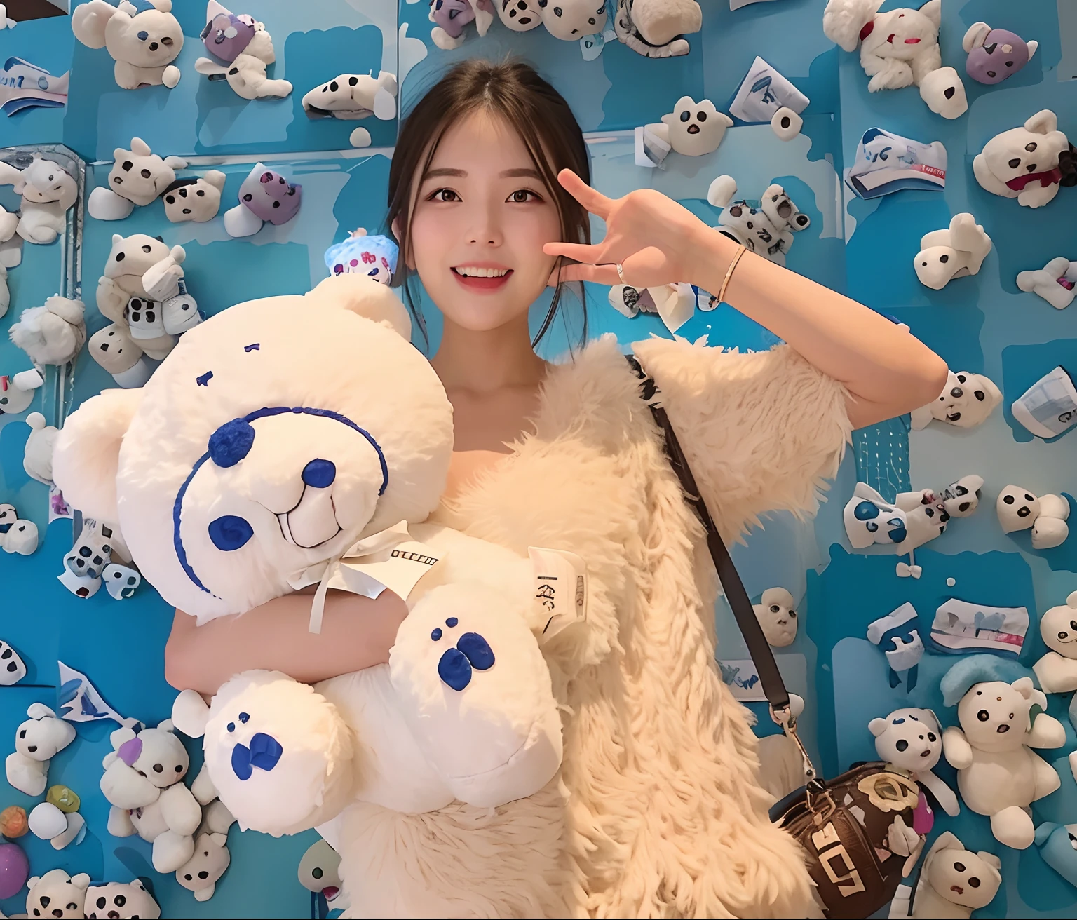 Woman holding a white teddy bear in front of a wall of blue balloons, wenfei ye, xintong chen, xision wu, Ruan cute vtuber, chengyou liu, jinyiwei, wei wang, wenjun lin, xue han, Wu Liu, jaeyeon nam, Lu Ji, Holding a teddy bear, dilraba dilmurat