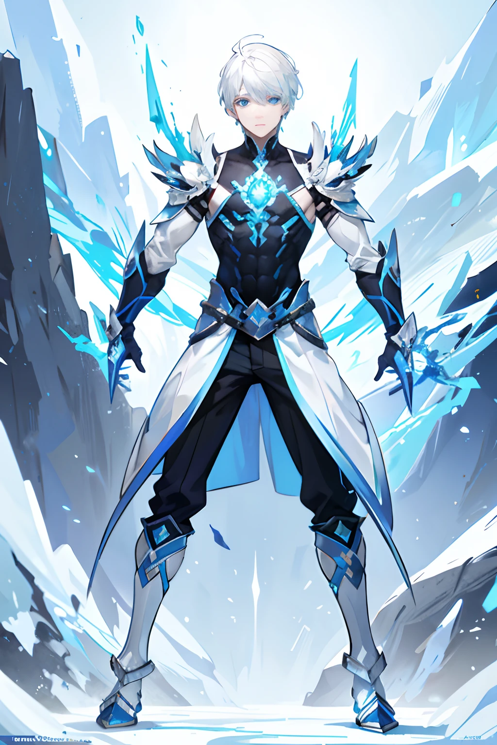 A boy，White hair，blue color eyes， short detailed hair，standing on your feet，full bodyesbian，Featuring the elements of ice and fire，There are characteristics of monsters。