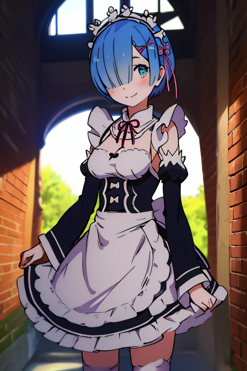 remrezero, 1girl, solo, breasts, looking at viewer, blush, smile, short hair, blue eyes, hair ornament, ribbon, blue hair, outdoors, detached sleeves, hair over one eye, maid, maid headdress, x hair ornament, pink ribbon, roswaal mansion maid uniform, photo background