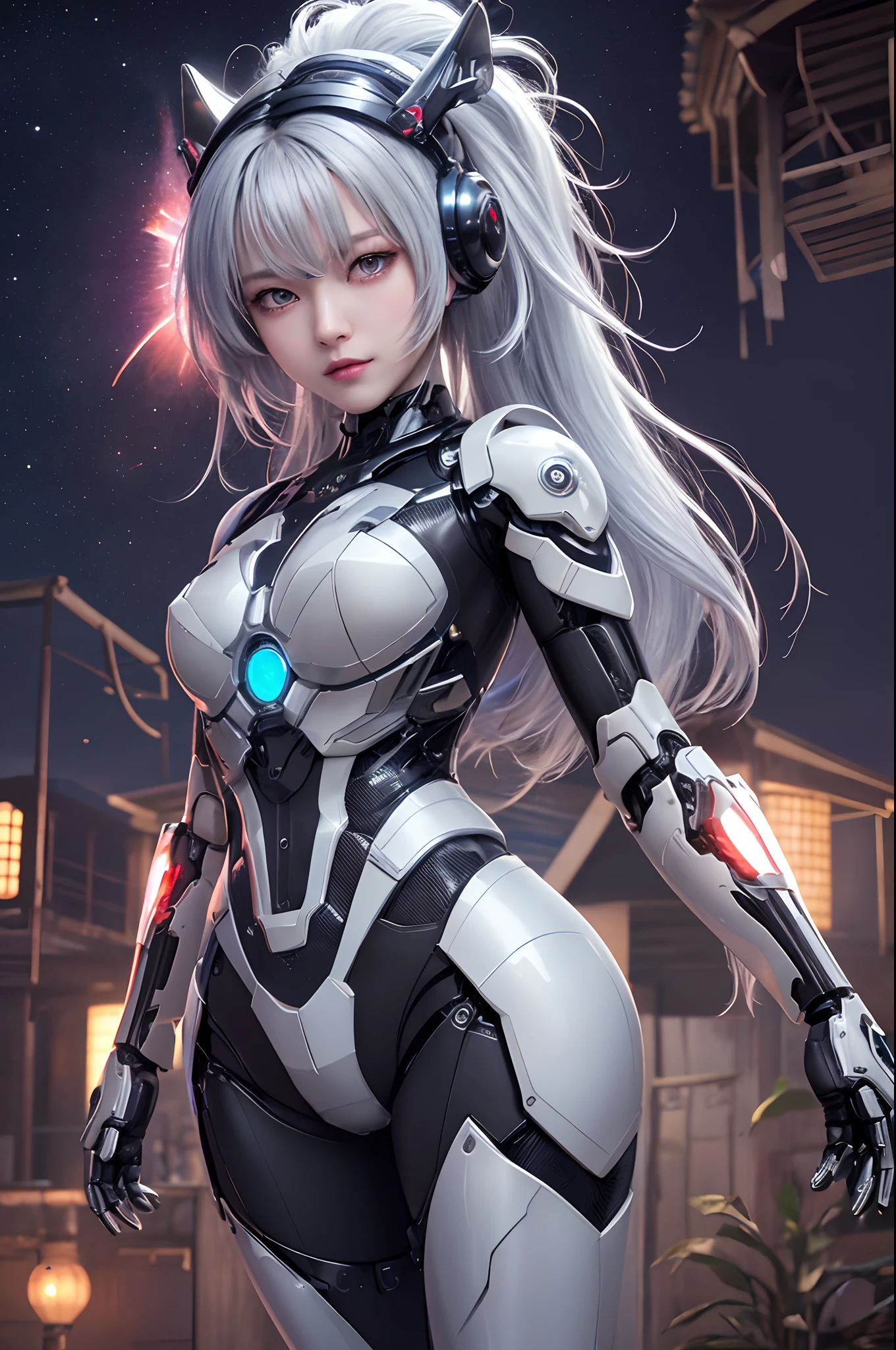 cowboy shot, caustics,reflection,ray tracing,demontheme,nebula,dark aura,cyber effect, (1girl:1.4),solo,alone,mecha musume,mechanical parts, robot joints,single mechanical arm, headgear, mechanical halo,star halo,intricate mechanical bodysuit, mecha corset, kimono, full armor, very long hair,white hair, hair between eyes, multicolored hair, colored inner hair, red eyes,glowing eye,eye trail, random expressions,random action, ancient japanese architecture,pond, starry sky,skyline,