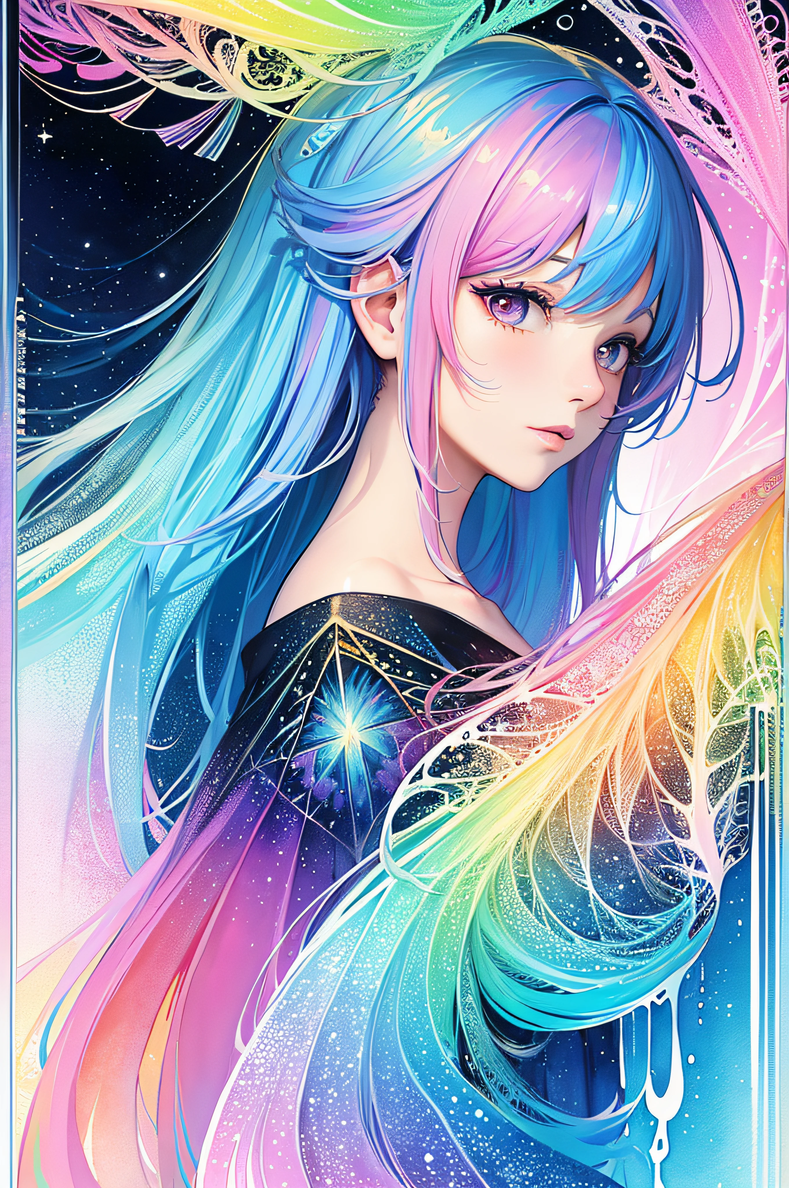 (masterpiece, top quality, best quality,watercolor (medium),official art, beautiful and aesthetic:1.2),(1girl:1.3), (fractal art:1.3),upper body, from side, looking at viewer,patterns,(rainbow color Hair,colorful hair,half blue and half pink hair:1.2),water,liquid, cloud,colorful, starry,stars,