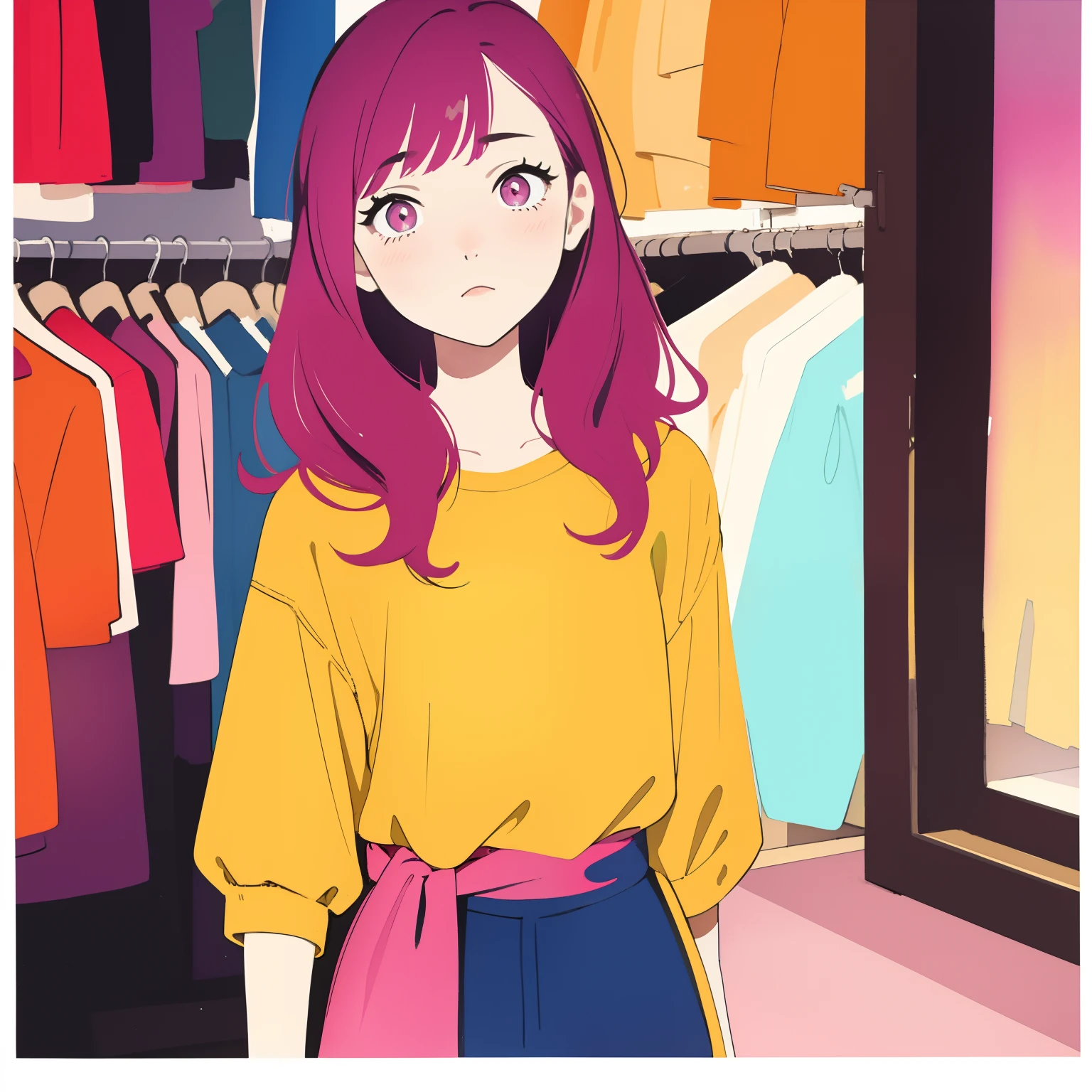 (masterpiece, high quality), 1girl, closeup, 18yo, colorful top, small breast, long hair, in a clothing store), shy, blush, vibrant colors, best shadows, volumetric lighting, watercolor