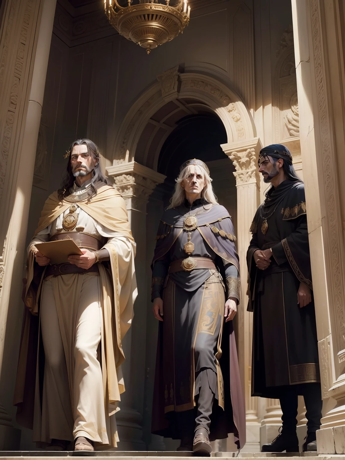 ((Majestic and ominous) Ancient Roman senators dramatically entering the grand (Roman Senate building) with lifelike expressions. Unveiling their sinister plot). High detailed faces. Historical, fantastic.