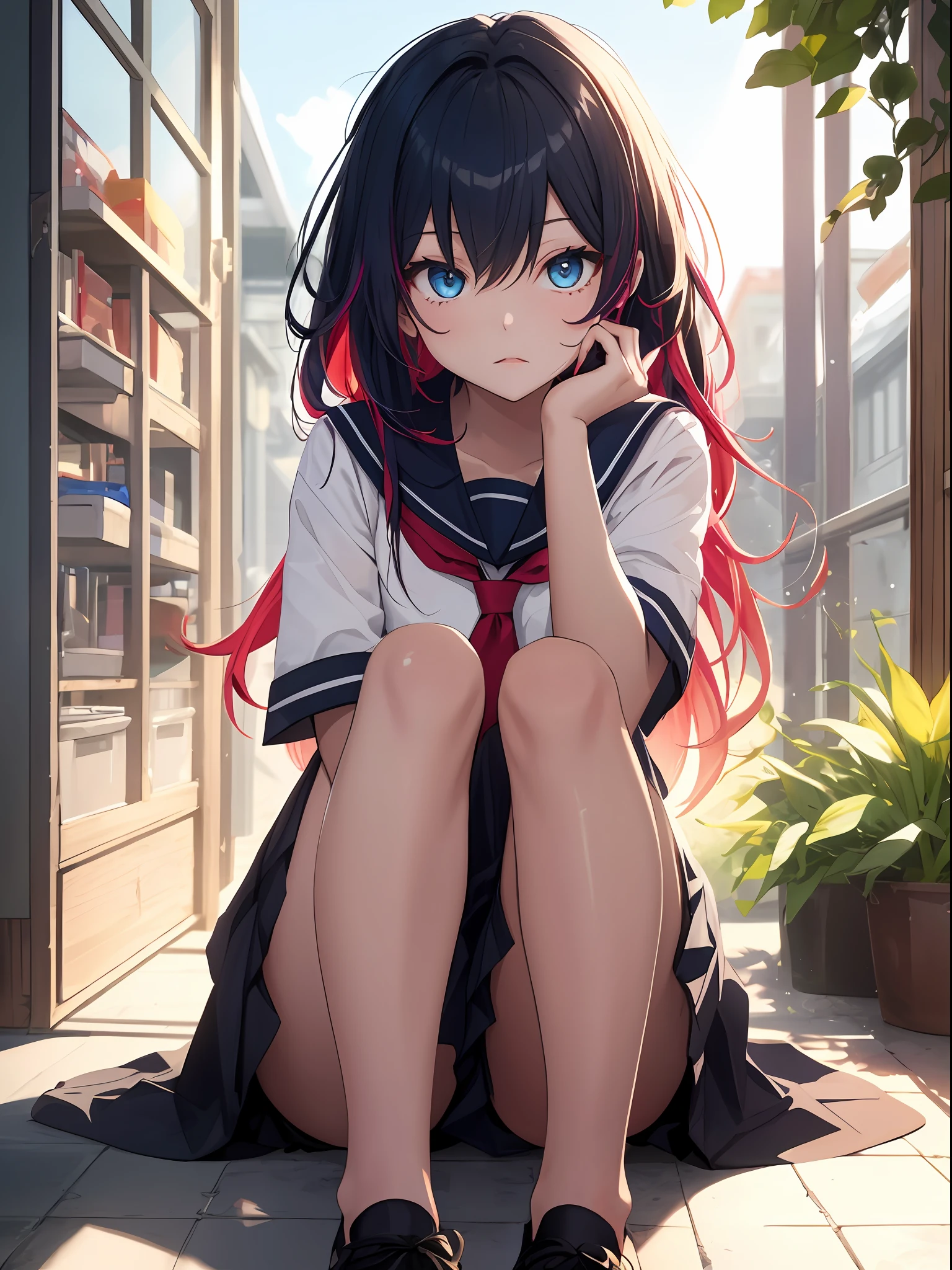1girl in、colorful strands of hair、shinny skin、Kawaii Girl、Glare、rays of sunshine、Red and black gradient hair、schools、Bare legged、Blue eyes、sitting on、Summer school uniform、kawaii、