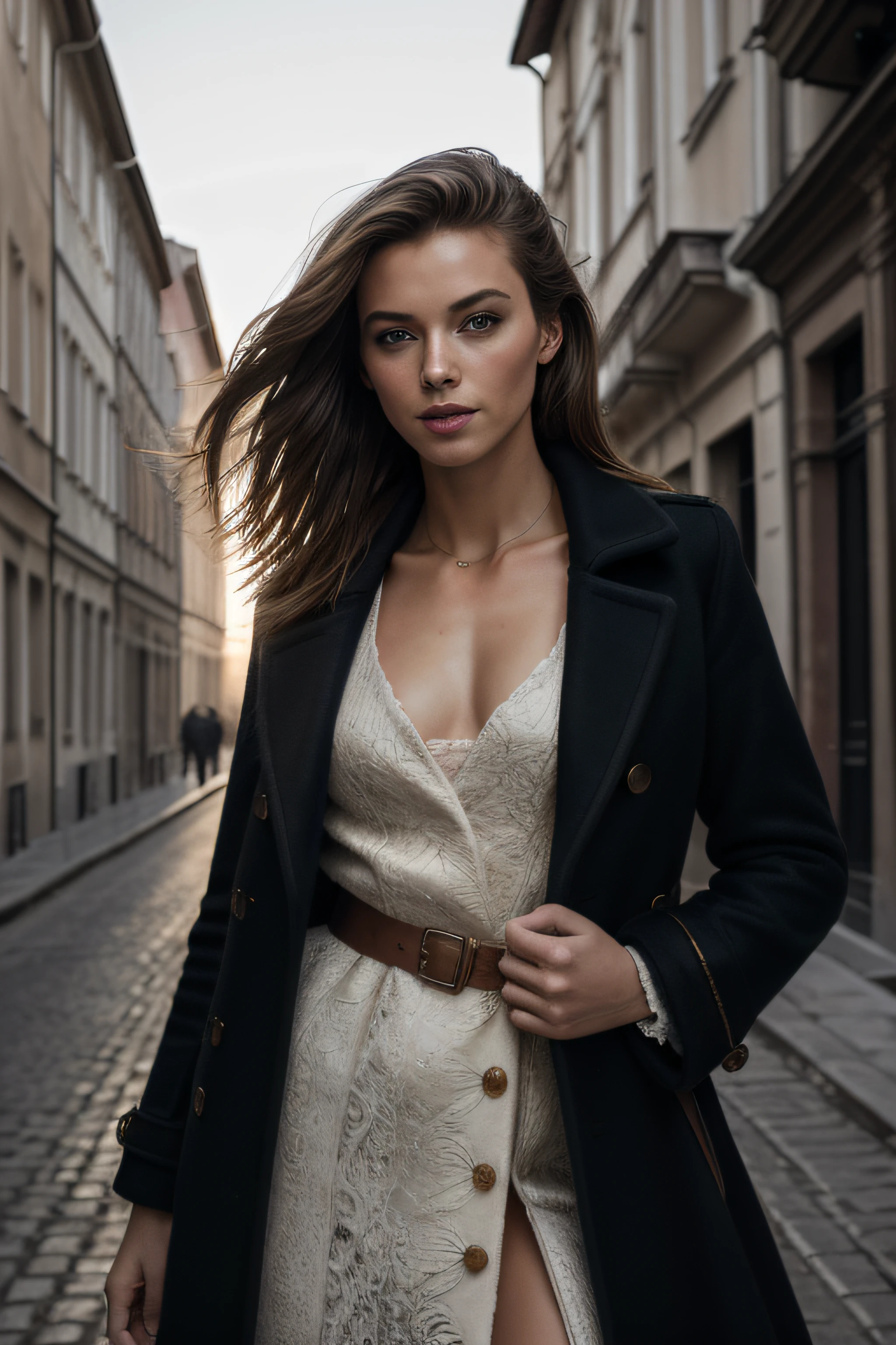 (masterpiece, photorealistic, raw,: 1.4), (very complex: 1.2), long shot view, cinematic light, side lighting, super sharp, best shadow, RAW, a very beautiful and attractive European girl with an attractive figure for photography, Details, attractive minimal old coat, background of old buildings, European gene