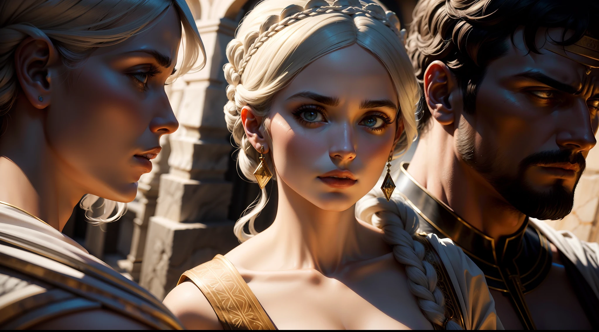 marble portrait of a ROMAN COUPLE ,cinematografia, epic light and shadow, muito contraste, fotografia profissional EM 8K.