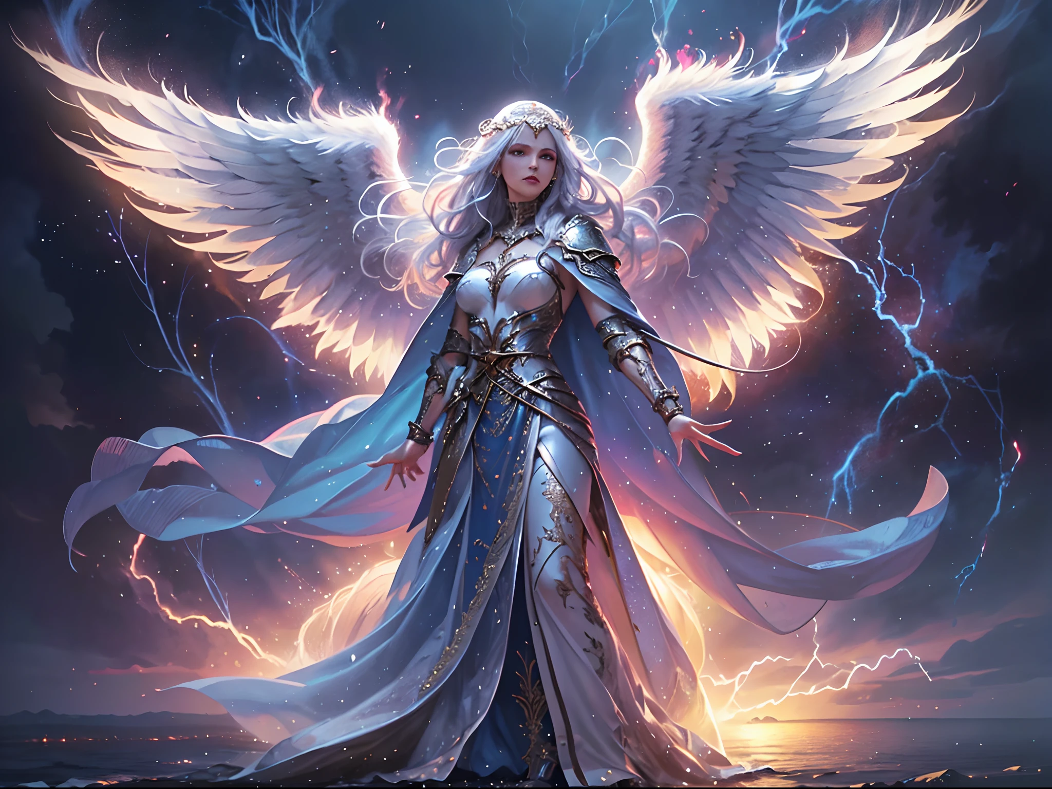 arafed high details, best quality, 8k, [ultra detailed], masterpiece, best quality, (extremely detailed), dynamic angle, ultra wide shot, photorealistim, RAW, fantasy art, dnd art, fantasy art, realistic art, a wide angle picture of a female aasimar sorceress casting a lightning spell, full body  (intense details, Masterpiece, best quality), D&D aasimar, exremley beautiful female aasimar, silver hair, long hair, wavy hair, dynamic eyes color, angelic eyes, radiant magical eyes, ultra detailed face (intense details, Masterpiece, best quality), spread angelic wings, white angelic wings (intense details, Masterpiece, best quality),  wearing [black] robe, wearing blue cloak, long cloak, flowing cloak with lightning motifs (intense details, Masterpiece, best quality), armed with magical staff (intense details, Masterpiece, best quality), manipulating lightning magical energy (intense details, Masterpiece, best quality), controlling lightning, dark fantasy magical tower background, evil temple background (intense details, Masterpiece, best quality), ready for action
