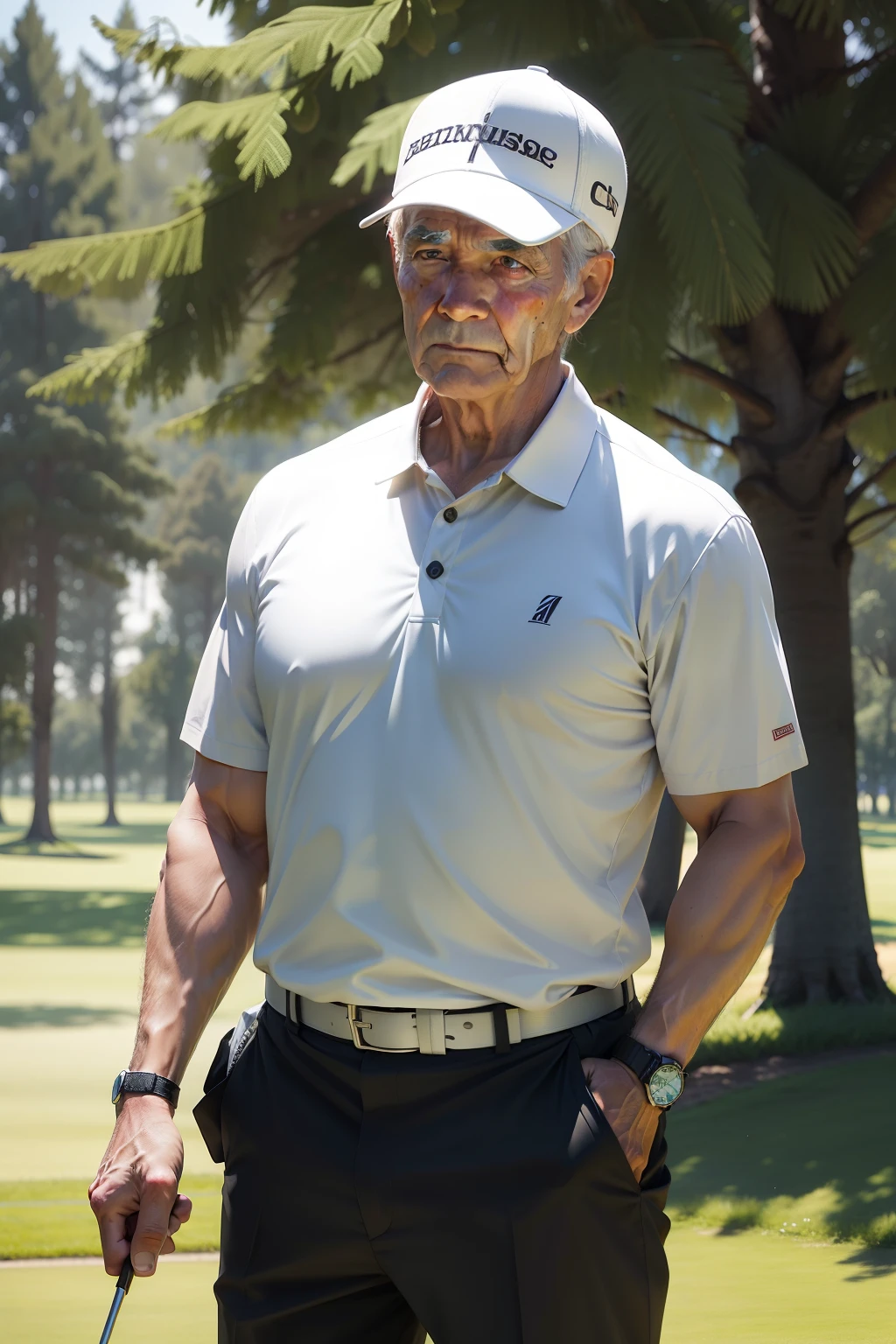 Senior man on a golf course prepared to swing with precision and intensity.