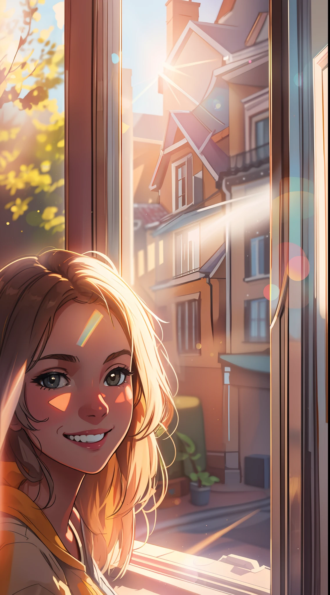 Zoom in on the smiling European girl's face, with sunlight filtering through her bedroom windows casting warm patterns on her soft skin, professional photography, 32k, RAW photo, best quality, HDR , highresabsurdres:1.2, lens flare,