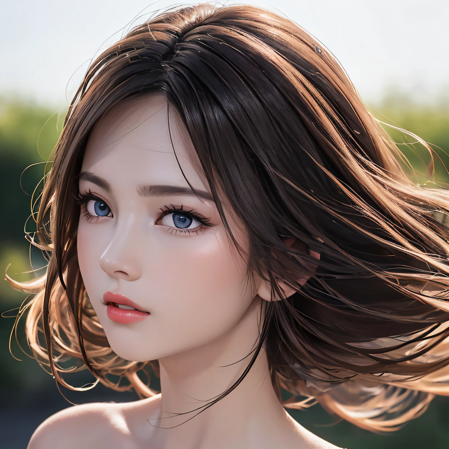 (8K, RAW Photos, of the highest quality, Masterpieces: 1.2), (Realistic, Photorealistic: 1.37), Highest Quality, Ultra High Resolution, light  leaks, Dynamic lighting, Slim and smooth skin, (Full body:1.3), (Soft Saturation: 1.6), (Fair skin: 1.2), (Glossy skin: 1.1), Oiled skin, 22 years old, Night, shiny white blonde, Well-formed, Hair fluttering in the wind, Close-up shot of face only, Physically Based Rendering, From multiple angles, maikurobikini、radiant lips