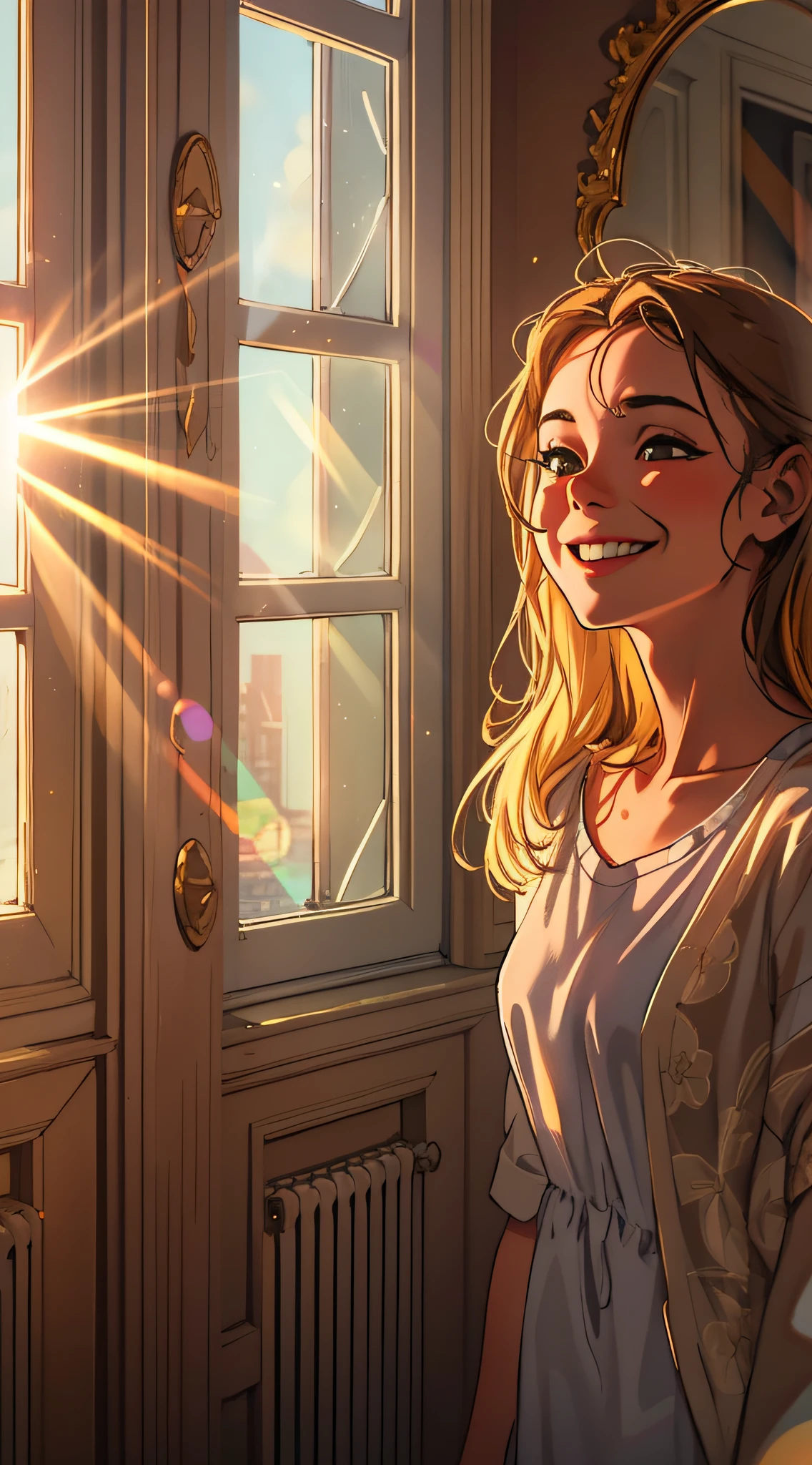 Zoom in on the smiling European girl's face, with sunlight filtering through her bedroom windows casting warm patterns on her soft skin, professional photography, 32k, RAW photo, best quality, HDR , highresabsurdres:1.2, lens flare,