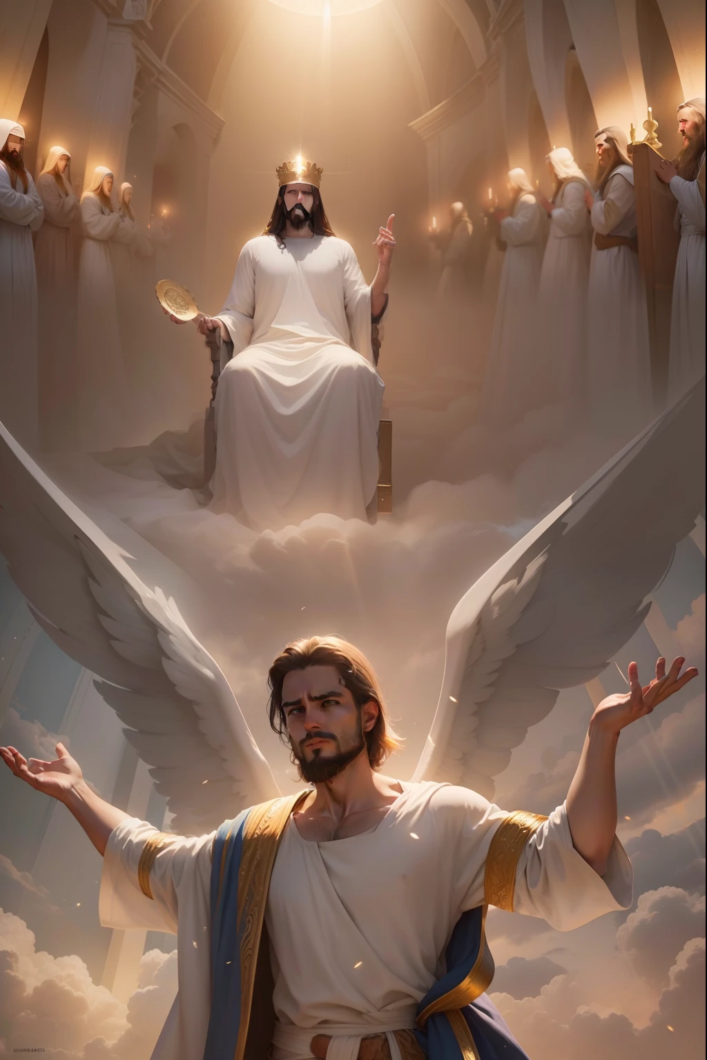 Jesus Cristo com cabelos brancos com aspecto resplandecente como o sol sentado em grande trono branco nas nuvens. Image with very high lighting quality, Very high resolution image, image with very high coloration, imagem realista, imagem hiperdetalhada