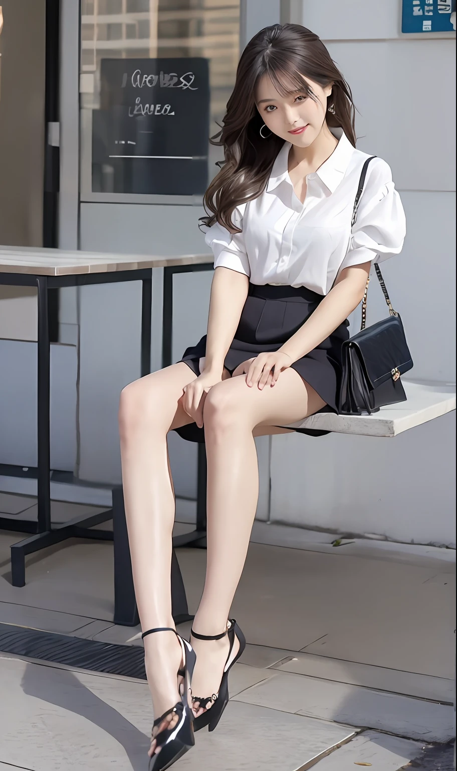 NSFW,(black pantyhose, mary janes shoes: 1.3),(8k, best quality, master:1.2), (realistic, photo-realistic:1.37), super detailed, 1 girl, looking at the audience, cute, beautiful detailed sky, Detailed café, sitting at the table for afternoon tea, full body, (smile:1.15), shut up, mid-chest, burst shirt buttons, beautiful delicate eyes, (collared shirt: 1.1), daytime, sunlight, white lace, ( Long hair: 1.4), shoulder-length hair, silver hair, uniform, white skin, movie lights, street lights, (sexiest actress: 1.4), full body photos, (coffee table:1), (handbag: 1), ulzzang-6500-v1.1:0.3, karinak-4501-6300:1.2, long legs, high heels,