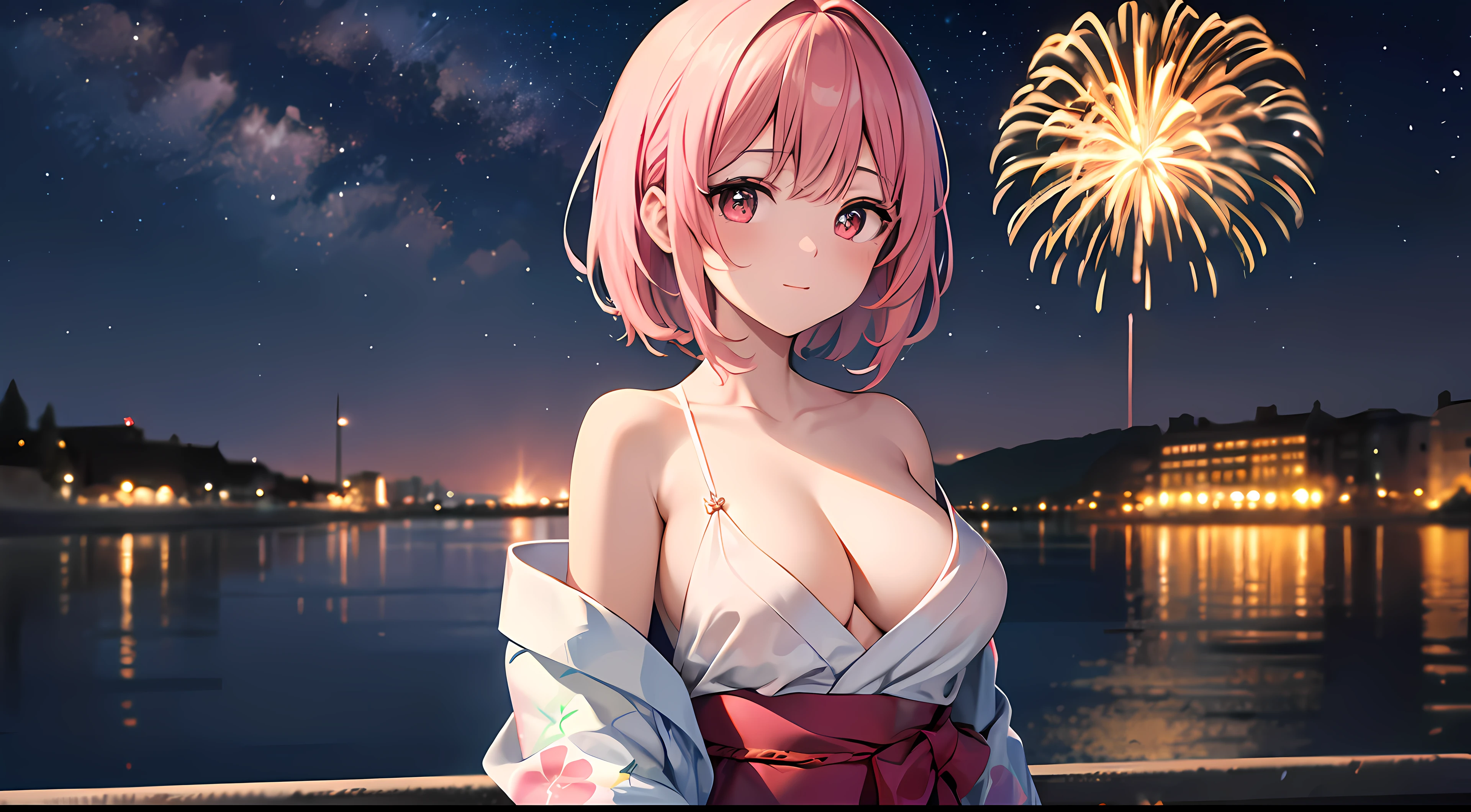(8k, best quality, masterpiece:1.2), ultra high-res, extremely detailed, HDR, perfect lighting, perfect anatomy, very cute girl, solo, standing, pink hair, floral yukata, short length, (exposed shoulders and collarbones), breast cleavege, playing the electric guitar BREAK (8k, best quality, masterpiece:1.2), ultra high-res, extremely detailed, HDR, perfect lighting, very detailed background, beautiful fireworks, beautiful starry sky, sky full of stars, wide lake, light reflection