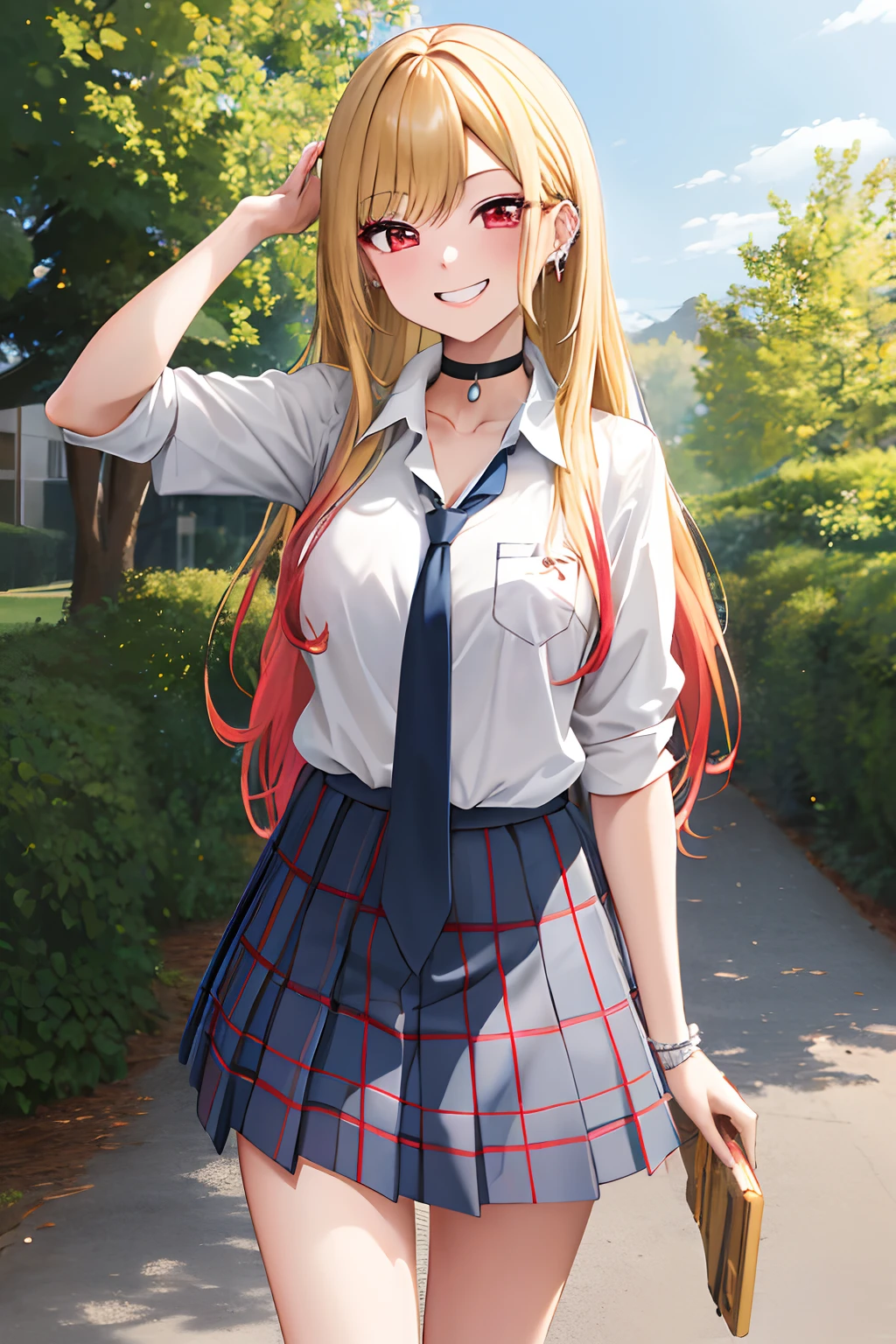 masterpiece, best quality, highres, kitagawa marin, 1girl, blonde hair, long hair, multicolored hair, red eyes, jewelry, earrings, piercing, school uniform, white shirt, tied shirt, black choker, blue necktie, plaid skirt, grin, smile, standing, cowboy shot, outdoors,