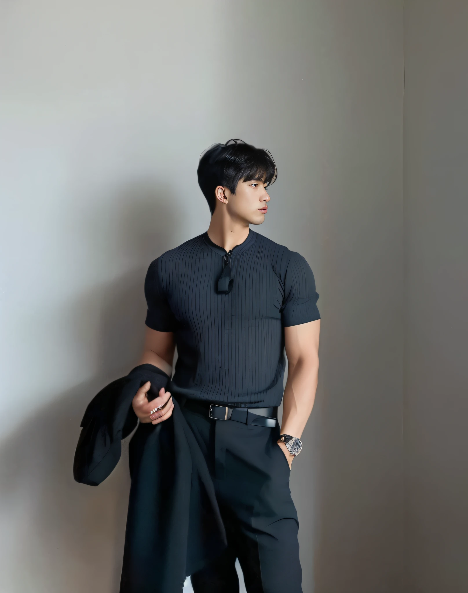 arafed man in a black shirt and black pants holding a jacket, jinyoung shin, hyung tae, siwoo kim, south korean male, he is wearing a black t-shirt, hyung tae kim, inspired by cha eun woo korean artist, kim doyoung, inspired by Gang Se-hwang, seseon yoon, shin jeongho, taejune kim, sharp jawline, great body build, realistic, cinematic, high quality photo