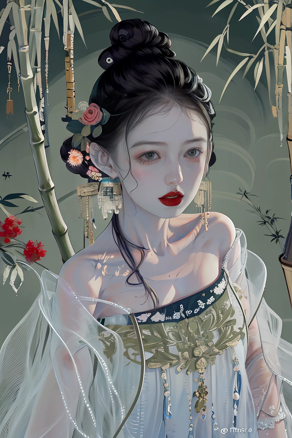 official art, Unity 8k wallpaper, super detailed, beautiful, beautiful, masterpiece, best quality, mystery, romanticism, horror, literature, art, fashion, tang dynasty era, decoration, intricate, embroidery, green tulle hanfu, tulle, 1 girl, big breasts, black hair, fatalism, bust composition, dramatic composition, movie lighting, dynamic perspective, sexy, bare shoulders, bare thighs, full of temptation, deep in bamboo forest, bamboo forest, bamboo leaves falling, small red flowers, bamboo forest background, cloudy mist, dramatic composition,