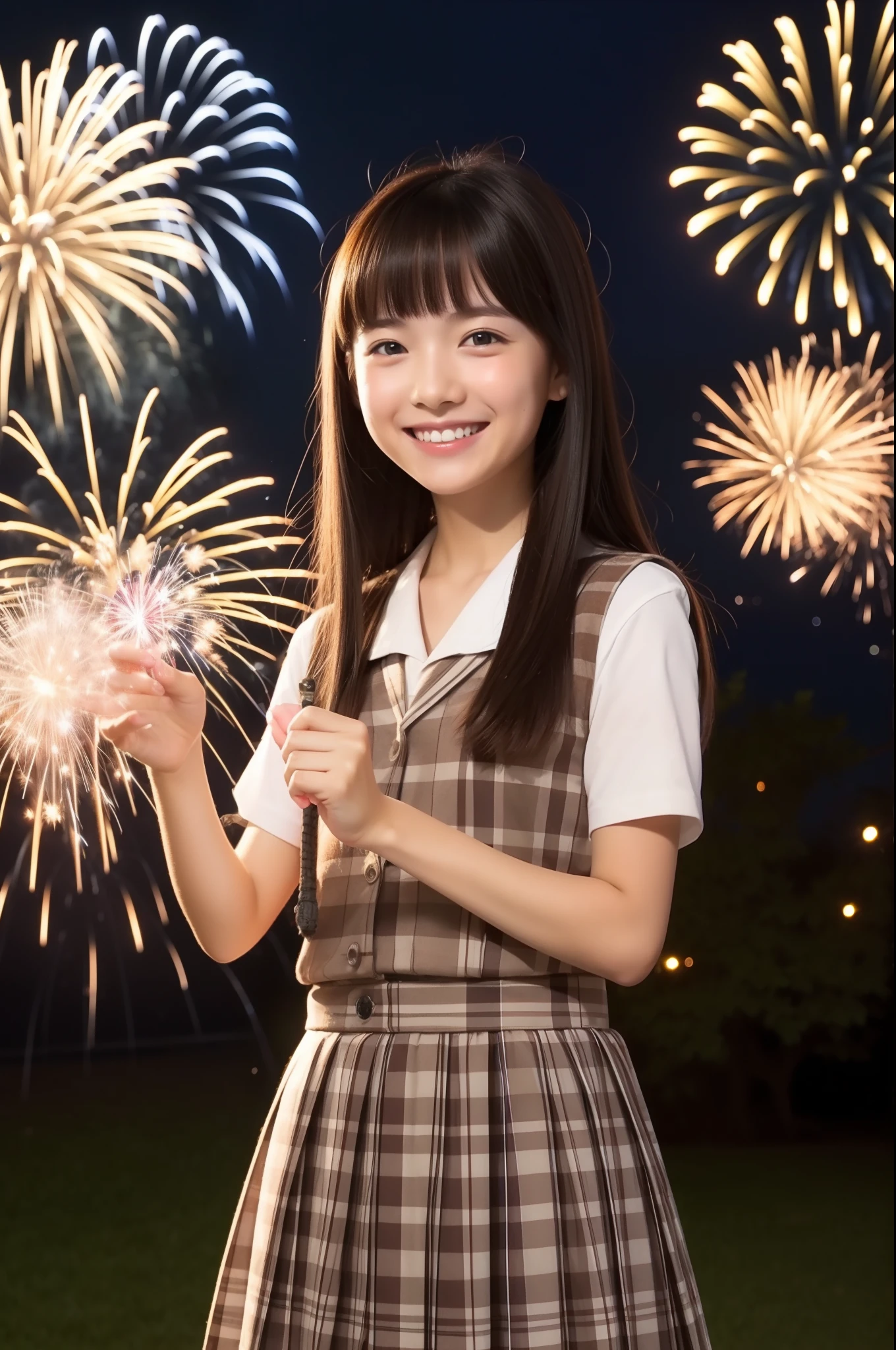 A smile、hi-school girl、While doing fireworks
