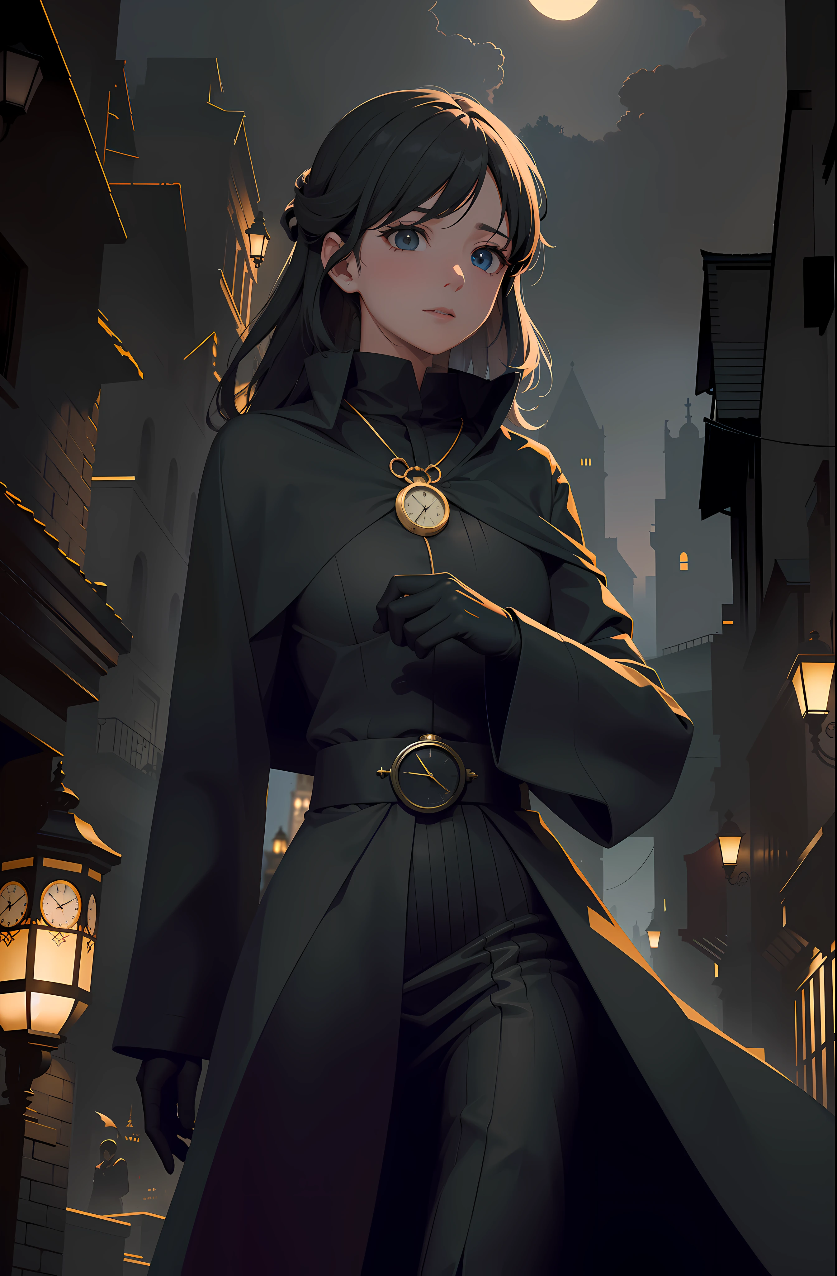 Enigmatic young white japanese anime character navigates the dark paths of nighttime London. Coberto por um elegante sobretudo, its ebony fabric swells like the tendrils of the night itself, as they glide over the millennia-old cobblestones. Sob o manto, A meticulously tailored suit weaves a symphony of intricate patterns, cada ponto um sussurro de enigma. Dark gloves cover hands, a tactile enunciation of hidden intentions.In the heart of the city, obscured by a dense shroud of mist, Iconic landmarks dissolve into the abyss, while the ethereal glow of the twinkling gas lamps casts an almost supernatural glow. The shadows dance with a sinister grace, choreographed by an invisible hand, adding to the prevailing air of mystery.In the middle of this atmospheric screen, os olhos do personagem brilham como obsidiana polida, reflecting unwavering determination and inscrutable purpose. Your pocket watch, A relic of occult motive, Captures and releases ephemeral flashes of ligh.
