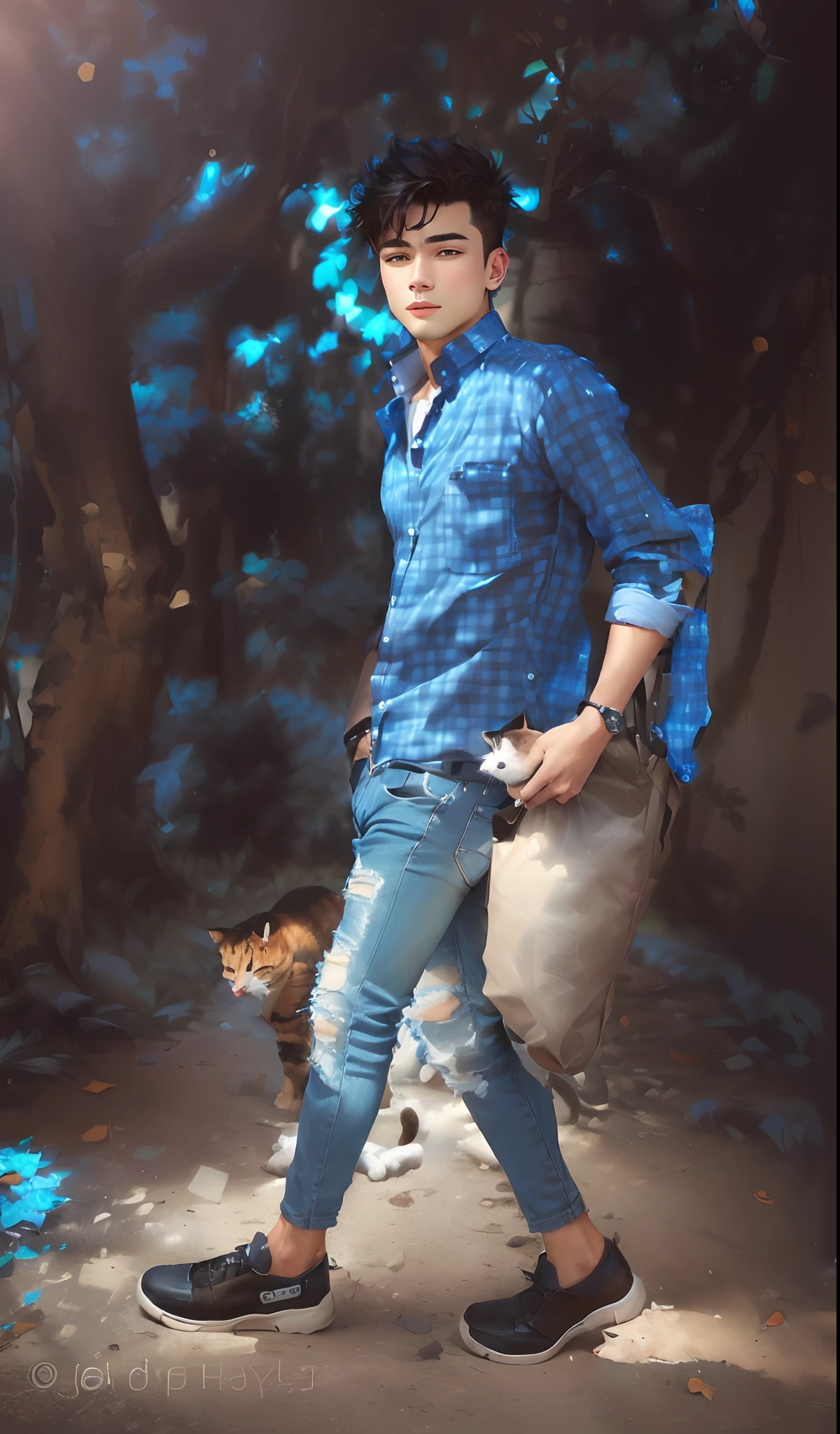 Change baground handsome boy, mens blue shirt and jeans.smart boy,cat realistic with boy