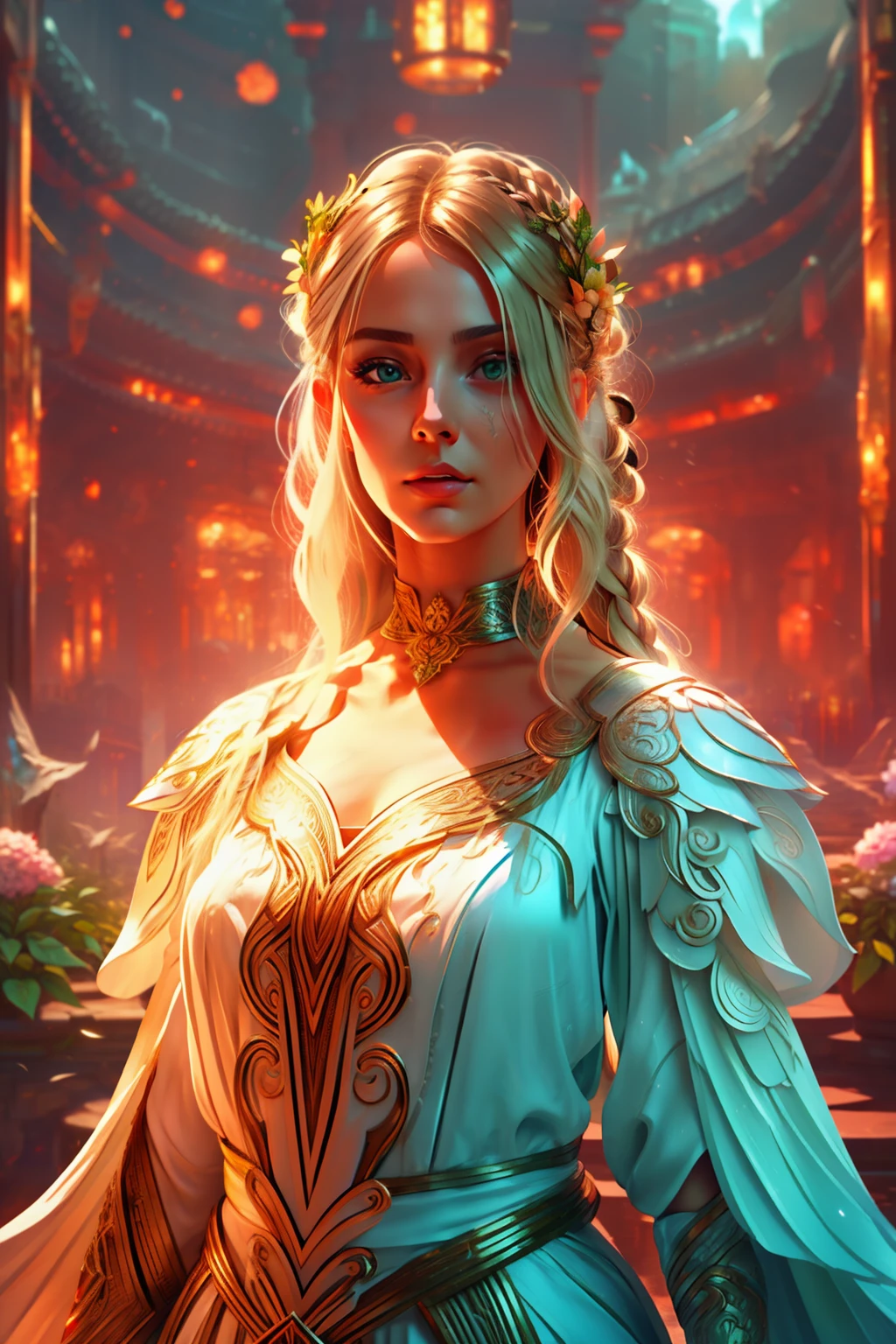 35mm, incredibly hyper-detailed and intricately realistic, full body character, adult, beautiful, female, perfect, long blonde hair, green eyes, elegant white dress, flowers in hair, detailed face, white skin, mature facial features of a woman nordica, garden background, cover art, zoom out, choker, hyper detailed painting, luminism, bar lighting, complex, 4k resolution concept art portrait