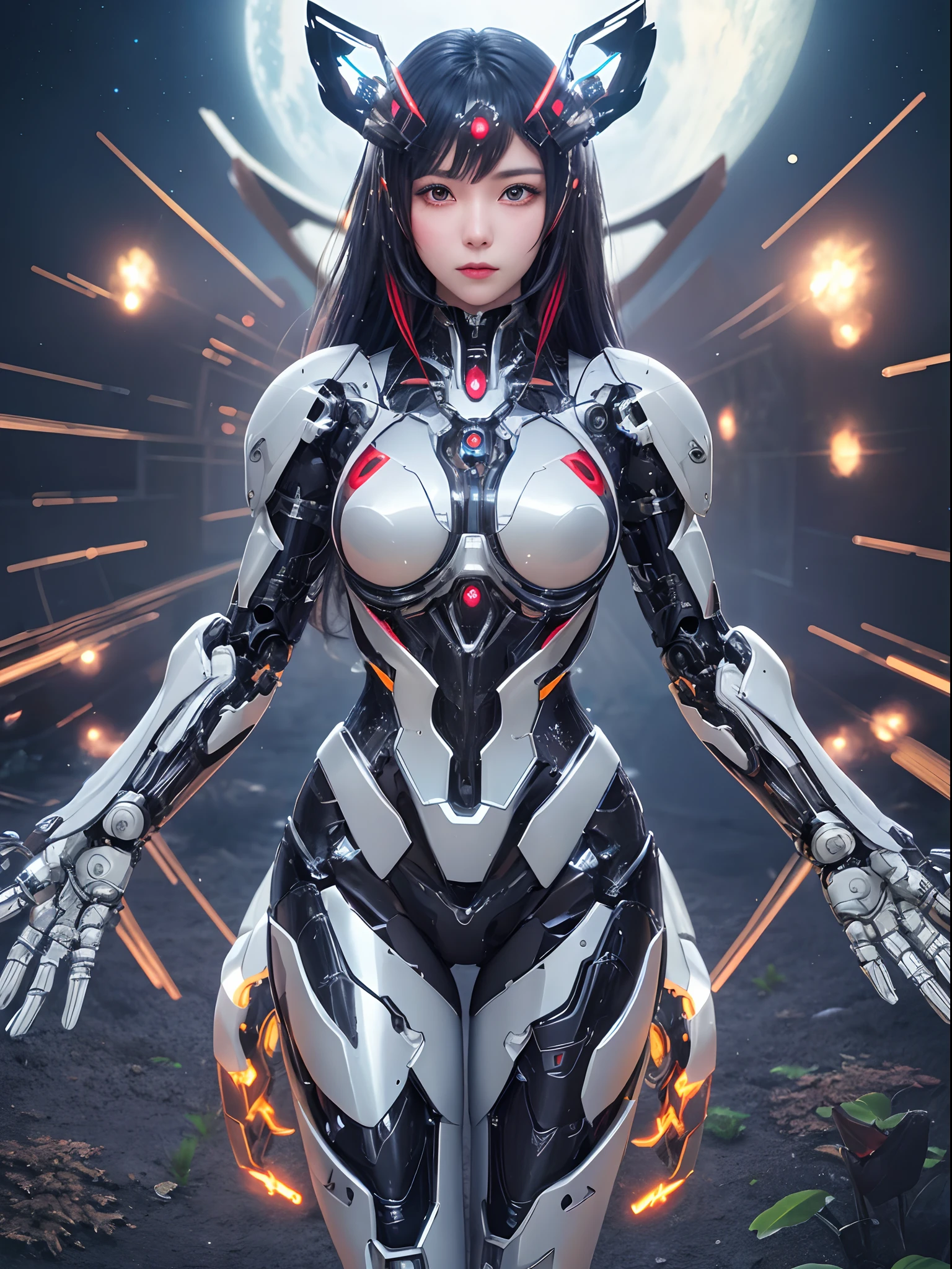 cowboy shot, caustics,reflection,ray tracing,demontheme,nebula,dark aura,cyber effect, (1girl:1.4),solo,alone,mecha musume,mechanical parts, robot joints,single mechanical arm, headgear, mechanical halo,star halo,intricate mechanical bodysuit, mecha corset, kimono, full armor, very long hair,white hair, hair between eyes, multicolored hair, colored inner hair, red eyes,glowing eye,eye trail, random expressions,random action, ancient japanese architecture,pond, starry sky,skyline,