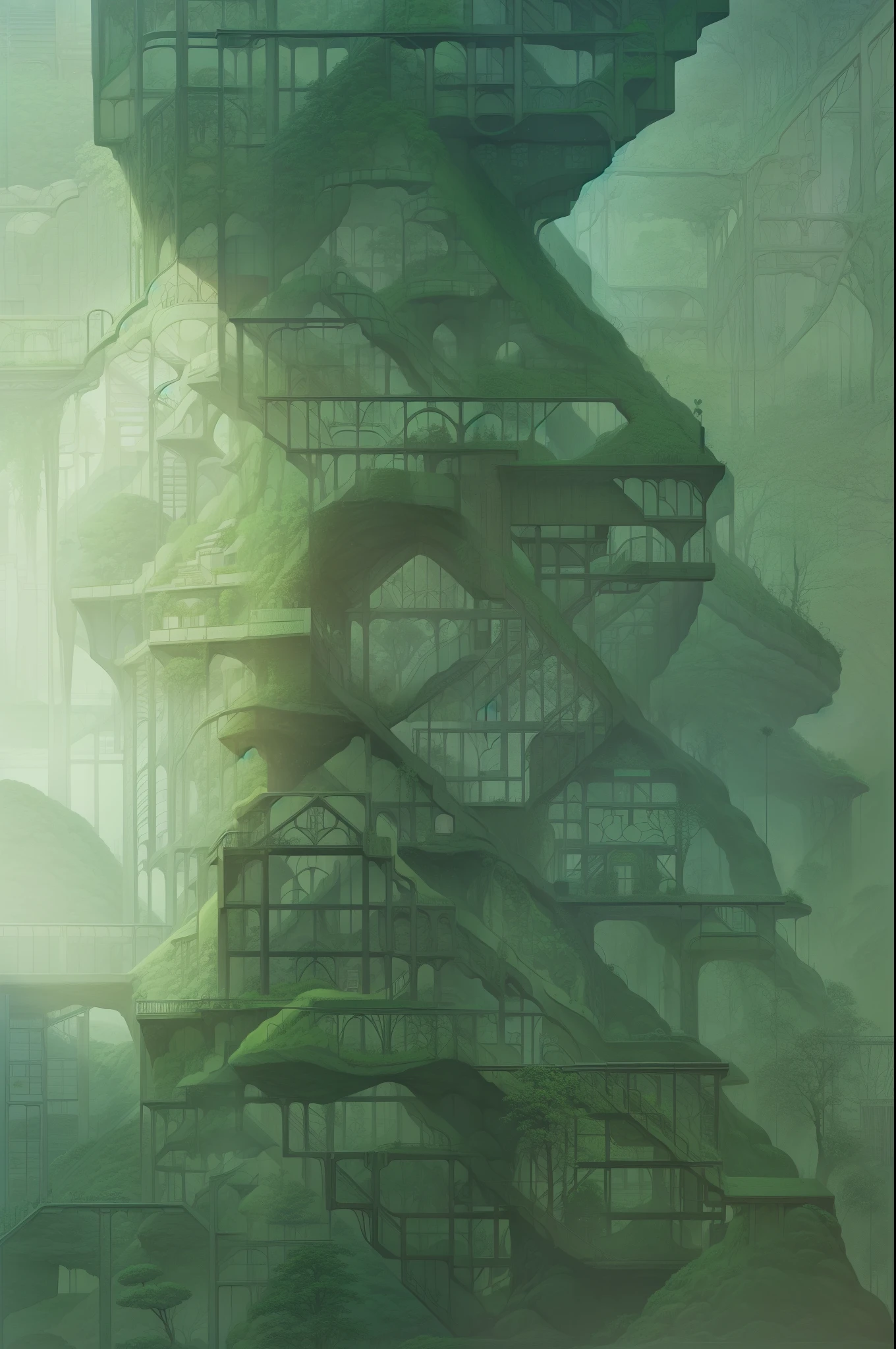 Going up the green slope, Under the roof of the forest, Soft stairs that leave the steepness of the mountain, I looked for the innermost maze of them,(Like Escher's trick art:1.4),(movie:1.2), intricate detailes, (art stations:1.3), (masutepiece:1.3, Best Quality, hight resolution, 8K, Super Detail, high details, Anatomically correct, nffsw)