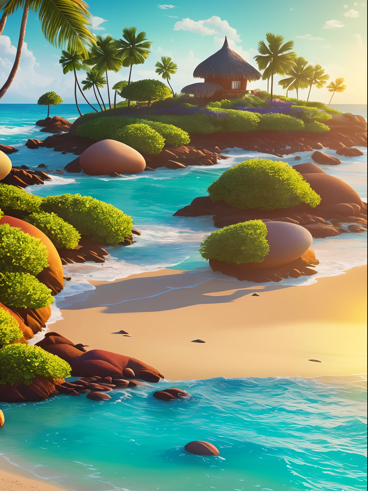 Beach ocean，Fresh in summer，3 d render stylized，stylized 3d render，stylized as a 3d render，Rolands Zilvinski 3D rendering art，3D stylized scene，relaxing concept art，Stylized concept art，（rendering by octane）estilo fantasia，Stylized 3 D，There is no house。Colorful pebble beach