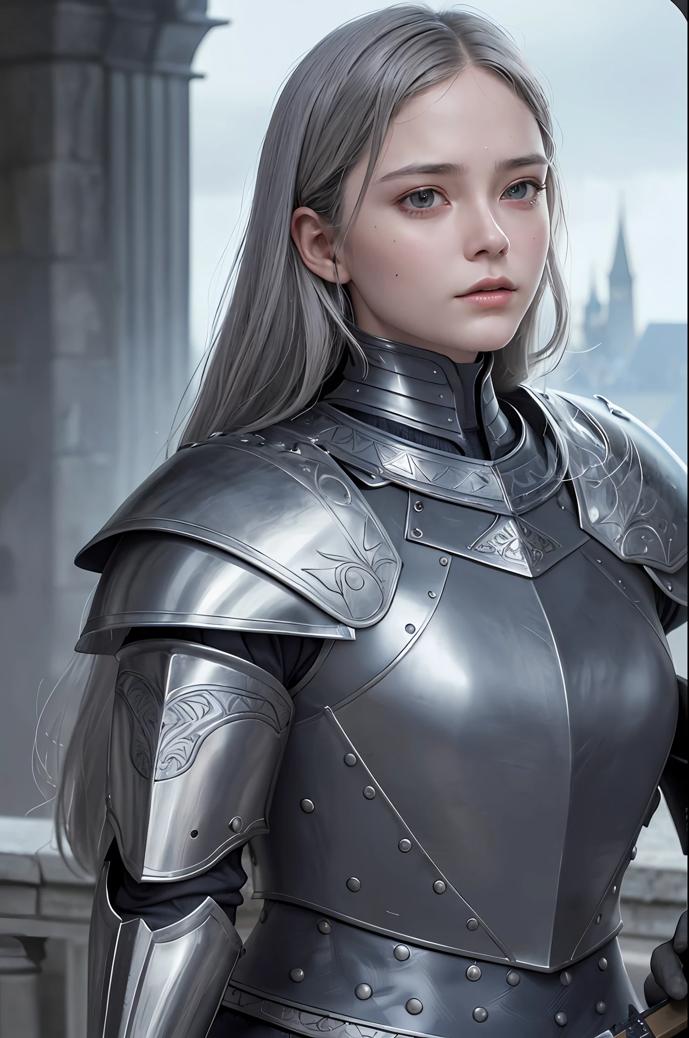 1girl, cinematic composition, slow motion, (medium shot of a medieval knight, sombre and weathered face, beard, grey hair:1.2), chain mail and plate armour, (realistic and detailed|intricate armour:1.1), (visible face:1.3), (photorealistic physiognomy|eyes|iris|skin|musculature, detailed skin, skin texture, natural skin), (holding a sword in his hand:1. 2), frontal perspective, imposing and determined pose, looking forward with determination, skin imperfections, natural skin wrinkles, natural skin spots, highly detailed clothes, abundant details, intricate details, realistic wrinkles in clothing, medieval fantasy landscape, cloudy sky, castle in the background in the distance, radiant lighting, deep shadows, dramatic scene, dark and cool colour palette, blue and grey tones, No other characters in the scene, abundant detail|intricate, detailed landscape, volumetric lighting, (detailed lighting), (detailed light reflections on armour:1. 1), 8k, highly detailed, UHD, HDR, photorealistic facial expression|hairstyle