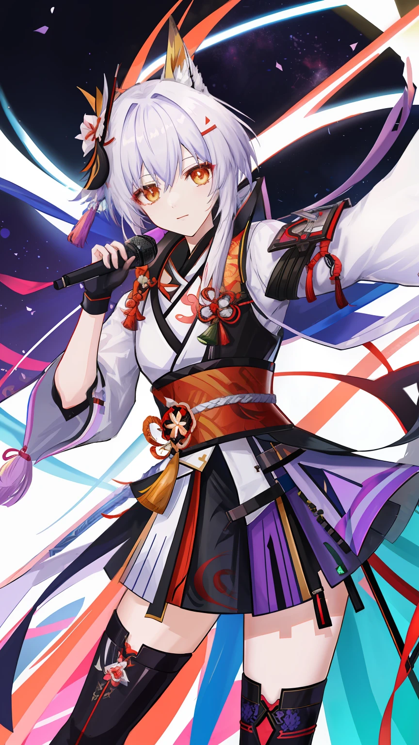 Anime characters standing in front of colorful backgrounds,With microphone and microphone, Keqing from Genshin Impact, From Arknights, fox nobushi, Inspired by Bian Shoumin, Genshin impact's character, An anime cover, Genshin, zhongli from genshin impact, Genshin Impact style, White-haired fox, trending at cgstation