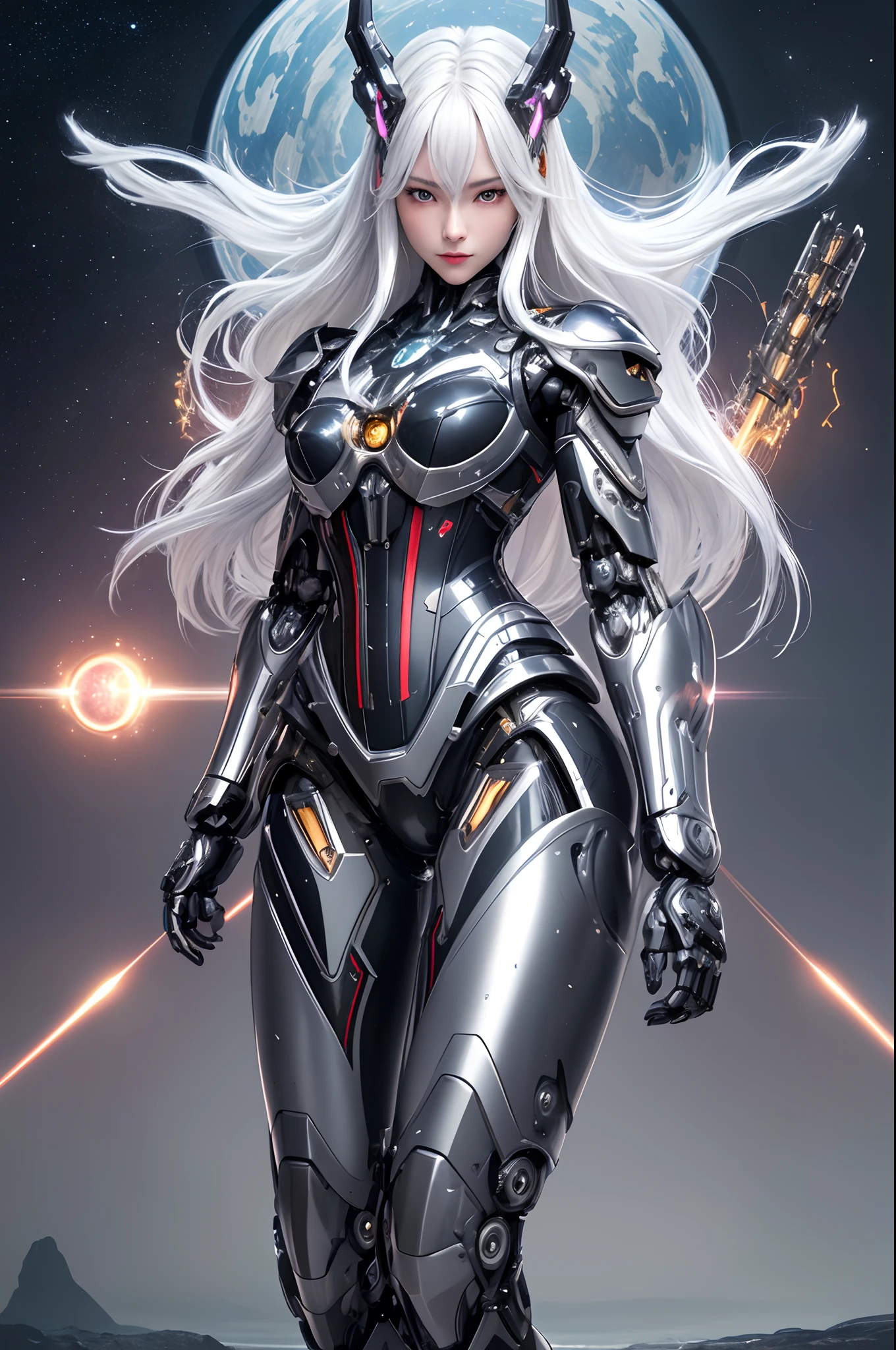 masterpiece,best quality,ultra-detailed,very detailed illustrations,extremely detailed,intricate details,highres,super complex details,extremely detailed 8k cg wallpaper,cowboy shot, caustics,reflection,ray tracing,demontheme,nebula,dark aura,cyber effect, (1girl:1.4),solo,alone,mecha musume,mechanical parts, robot joints,single mechanical arm, headgear, mechanical halo,star halo,intricate mechanical bodysuit, mecha corset, full armor, very long hair,white hair, hair between eyes, multicolored hair, colored inner hair, red eyes,glowing eye,eye trail, random expressions,random action, ancient japanese architecture,pond, starry sky,skyline,