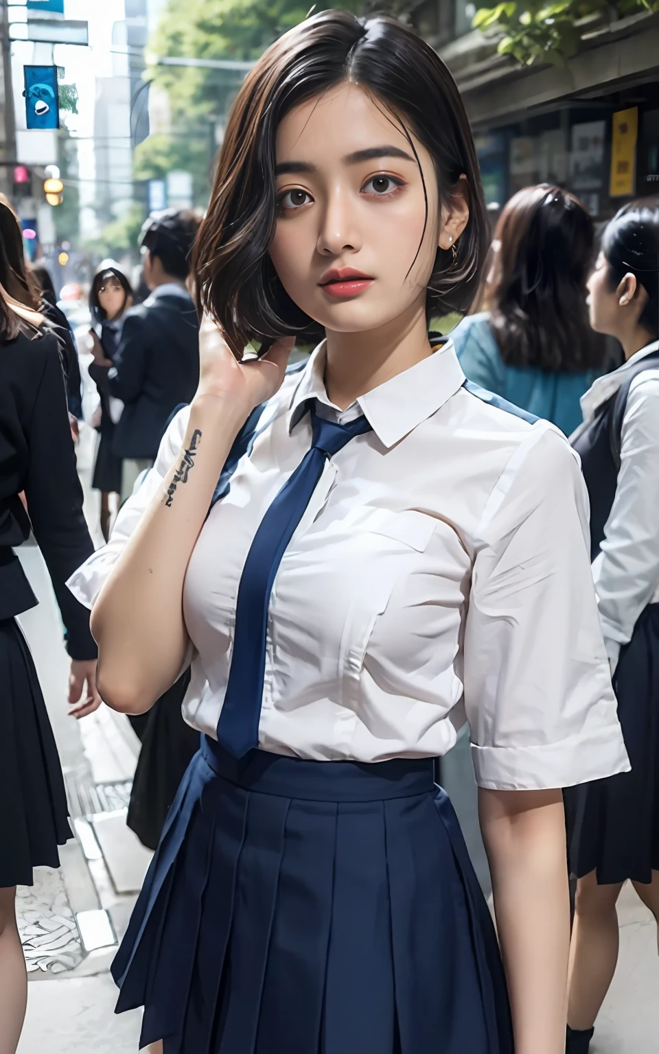 the Extremely Detailed CG Unity 8K Wallpapers、top-quality、ultra-detailliert、​masterpiece、realisitic、Photo Real、extremely detailed cute girl、sixteen years old，((skirt lift by yourself))、(large full breasts)，((Stripped string panties))、red blush、looking at the viewers、(full body Esbian)、(Japan High School Uniforms)、(big crowd)、(Crowded city)、short cut hair，(pubick hair)，Alia bhatt