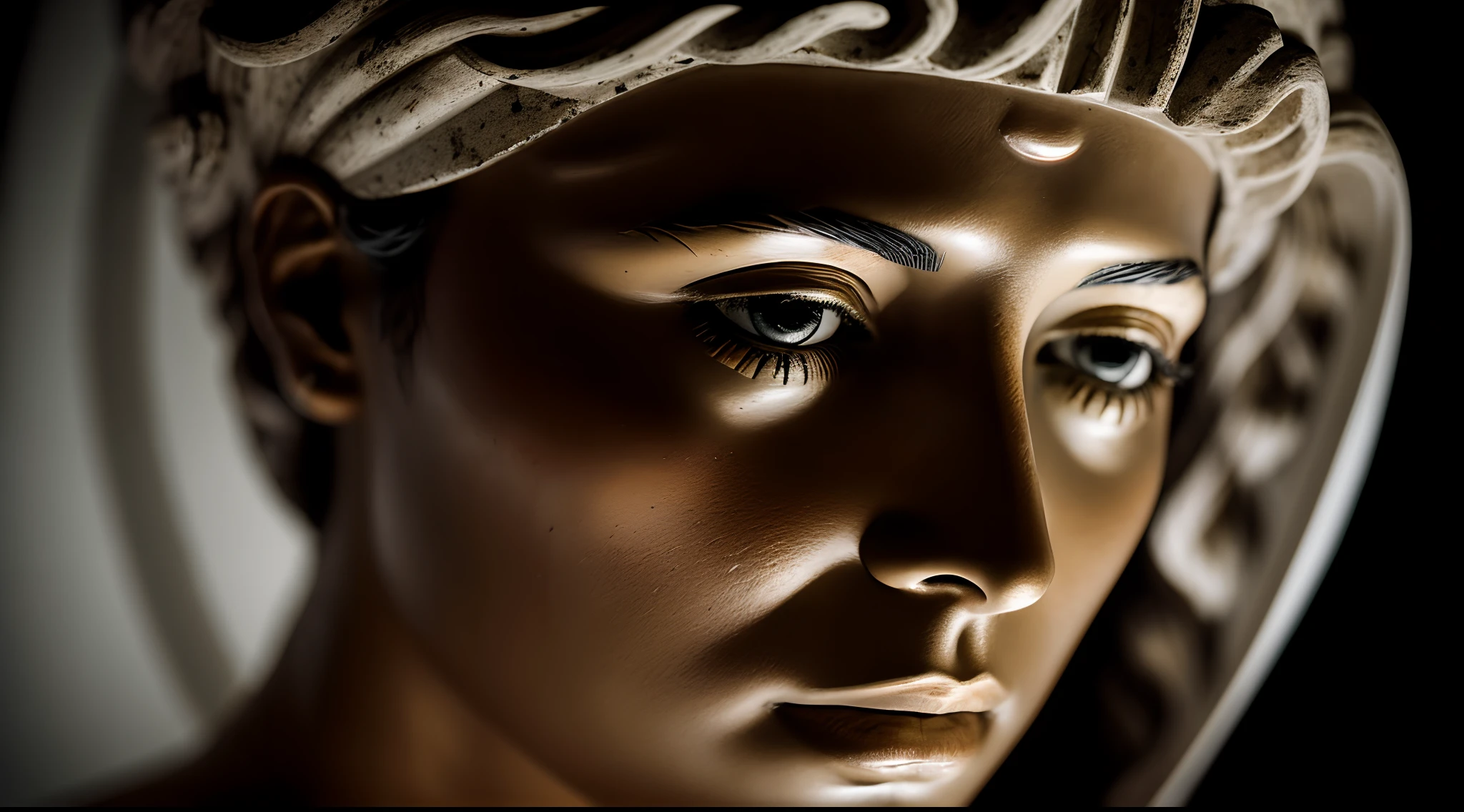 marble portrait of a face by Faustina Minor, imperatriz romana, wife of Emperor Marcus Aurelius. cinematografia, epic light and shadow, muito contraste, fotografia profissional.