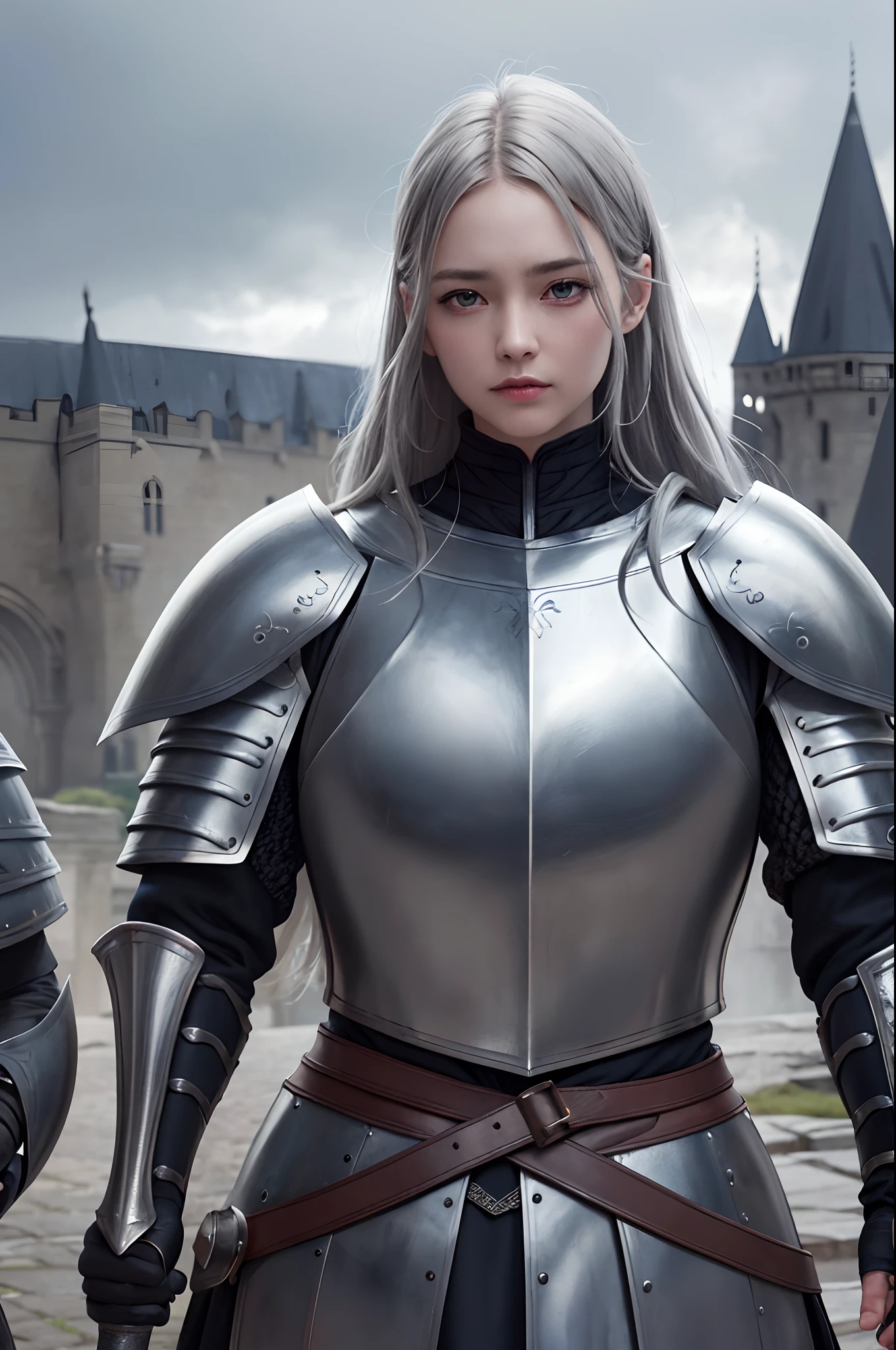 1girl, cinematic composition, slow motion, (medium shot of a medieval knight, sombre and weathered face, beard, grey hair:1.2), chain mail and plate armour, (realistic and detailed|intricate armour:1.1), (visible face:1.3), (photorealistic physiognomy|eyes|iris|skin|musculature, detailed skin, skin texture, natural skin), (holding a sword in his hand:1. 2), frontal perspective, imposing and determined pose, looking forward with determination, skin imperfections, natural skin wrinkles, natural skin spots, highly detailed clothes, abundant details, intricate details, realistic wrinkles in clothing, medieval fantasy landscape, cloudy sky, castle in the background in the distance, radiant lighting, deep shadows, dramatic scene, dark and cool colour palette, blue and grey tones, No other characters in the scene, abundant detail|intricate, detailed landscape, volumetric lighting, (detailed lighting), (detailed light reflections on armour:1. 1), 8k, highly detailed, UHD, HDR, photorealistic facial expression|hairstyle