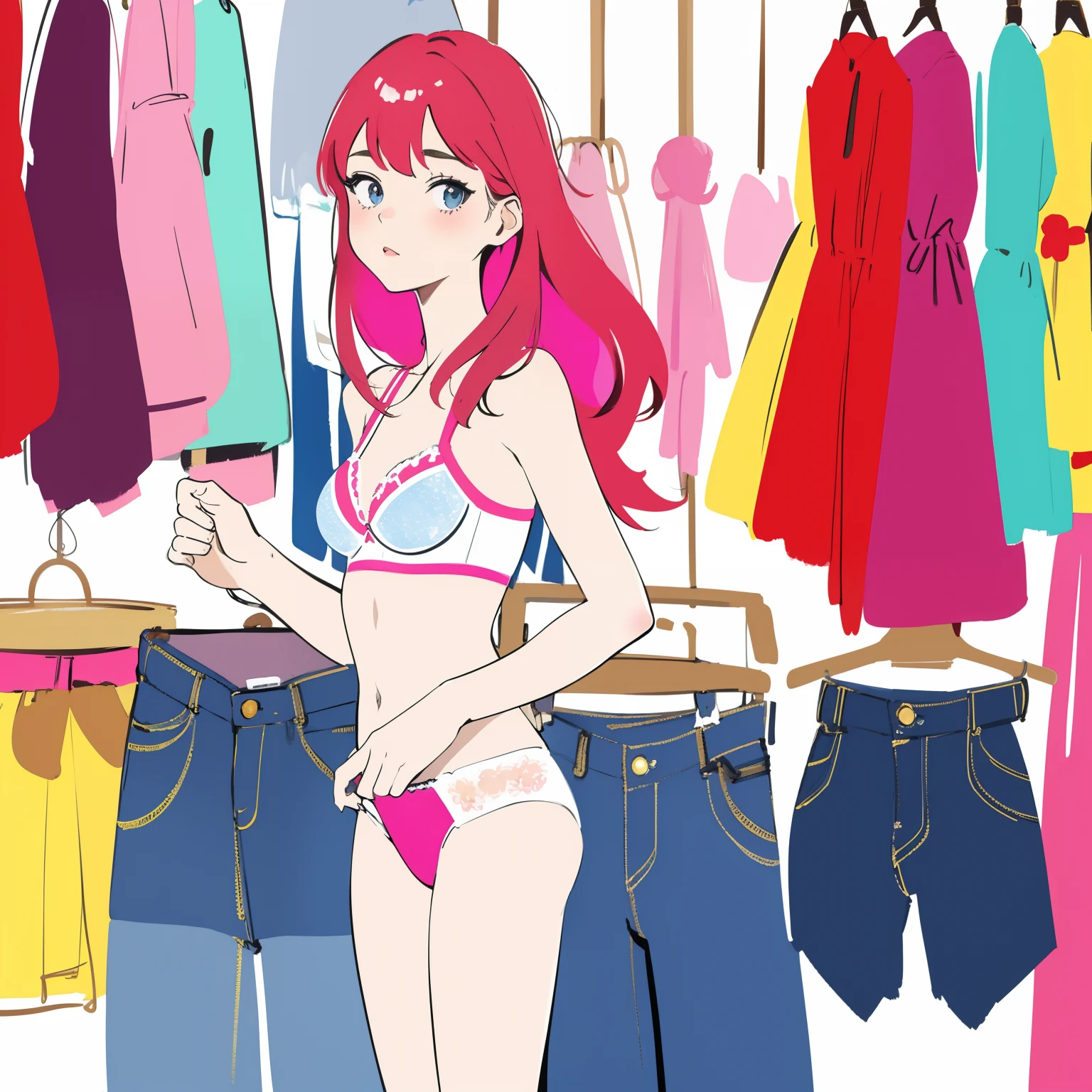 (masterpiece, high quality), 1girl, closeup, 18yo, colorful bra, small breast, long hair, in a clothing store, shy, blush, vibrant colors, bright, white, watercolor