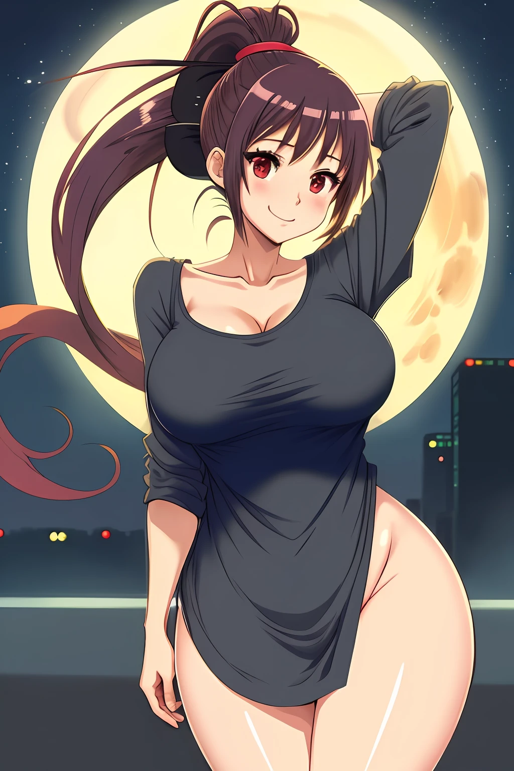 Anime style, women ,without clothes , long Tshirt, tits  standing out from under clothing,huge-breasted,night, Full Moon , ponytail  hair, ironed hair, illustration drawing body, sweet smile ,high detailed, high quality, ultra HD, smooth, shiny body, glowing Big eyes, cinematic picture,