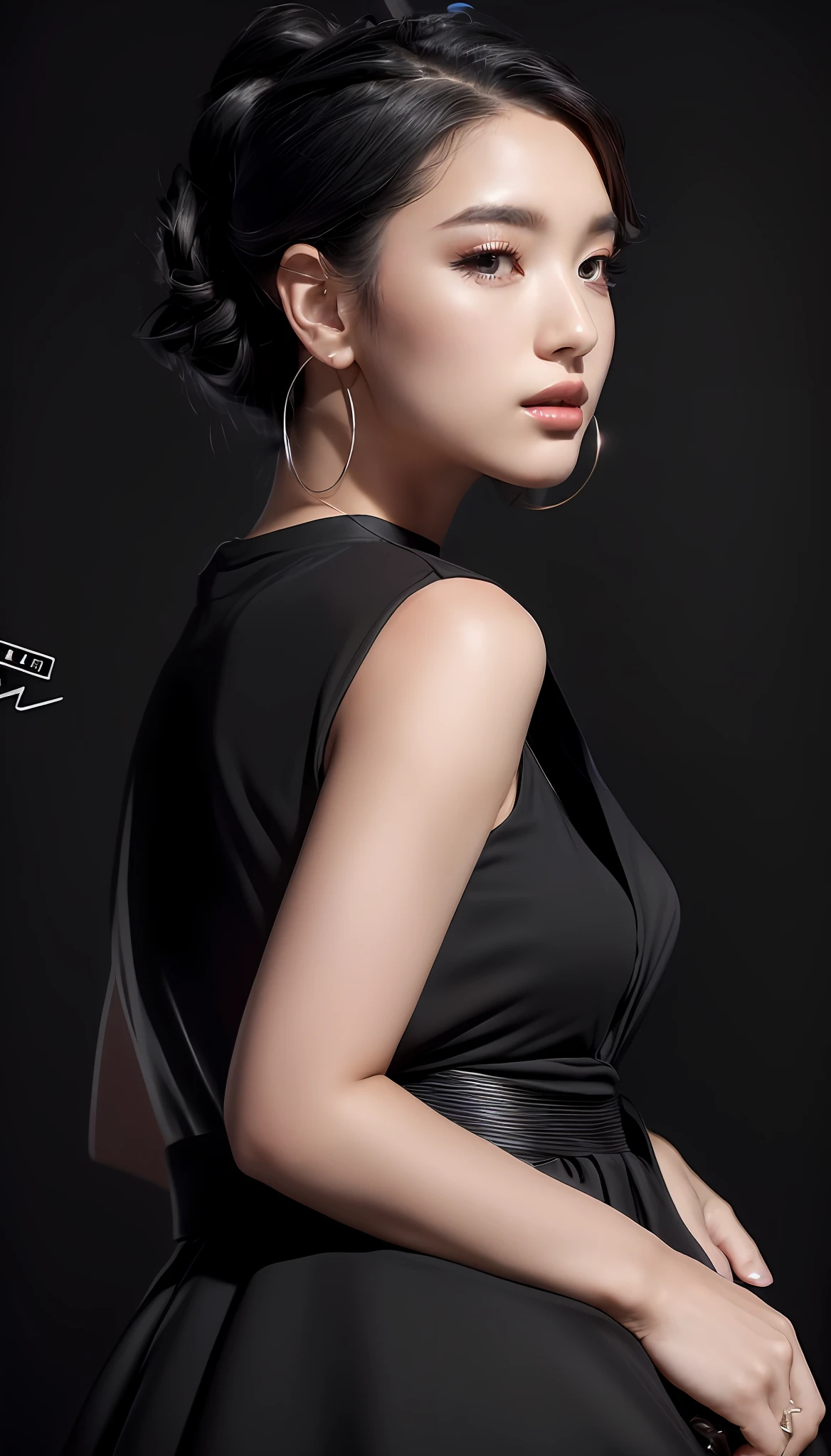 Alafe woman with black top and black skirt and black purse, Chic Profile Pose, an elegant woman in black dress, bae suzy, she is wearing a black dress, profile pose, advertisement picture, Black Dress : : Symmetrical face, side profile waist up portrait, smooth tiny details, Perfect Detail, Sleeveless, Wearing a black dress、Pure white background