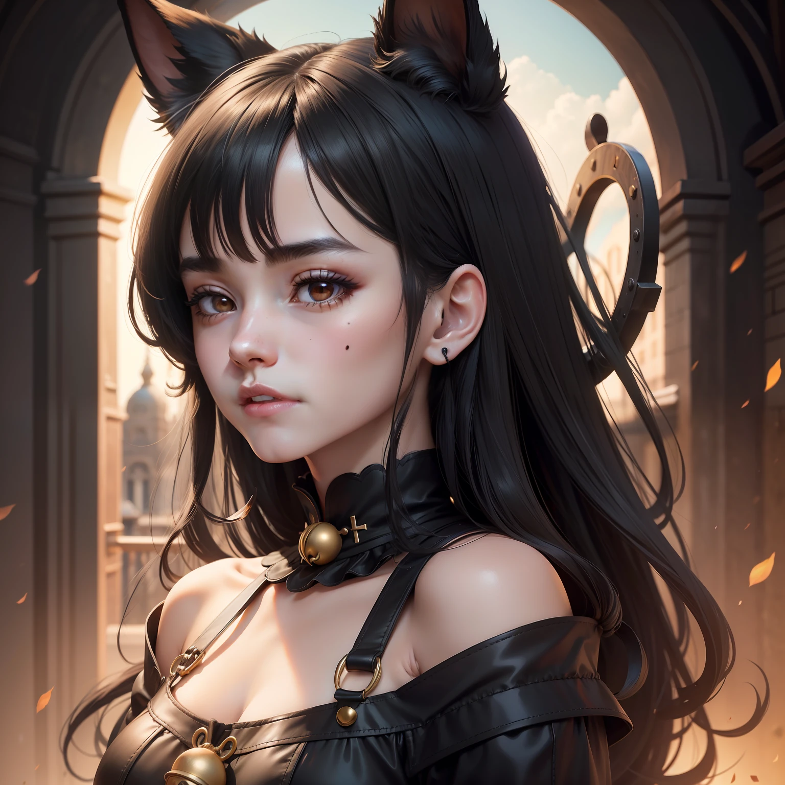 black hair, hair bell, mole under eye, animal ears, clenched teeth, Surrealism, Sony FE GM, 8k, super detail, UHD