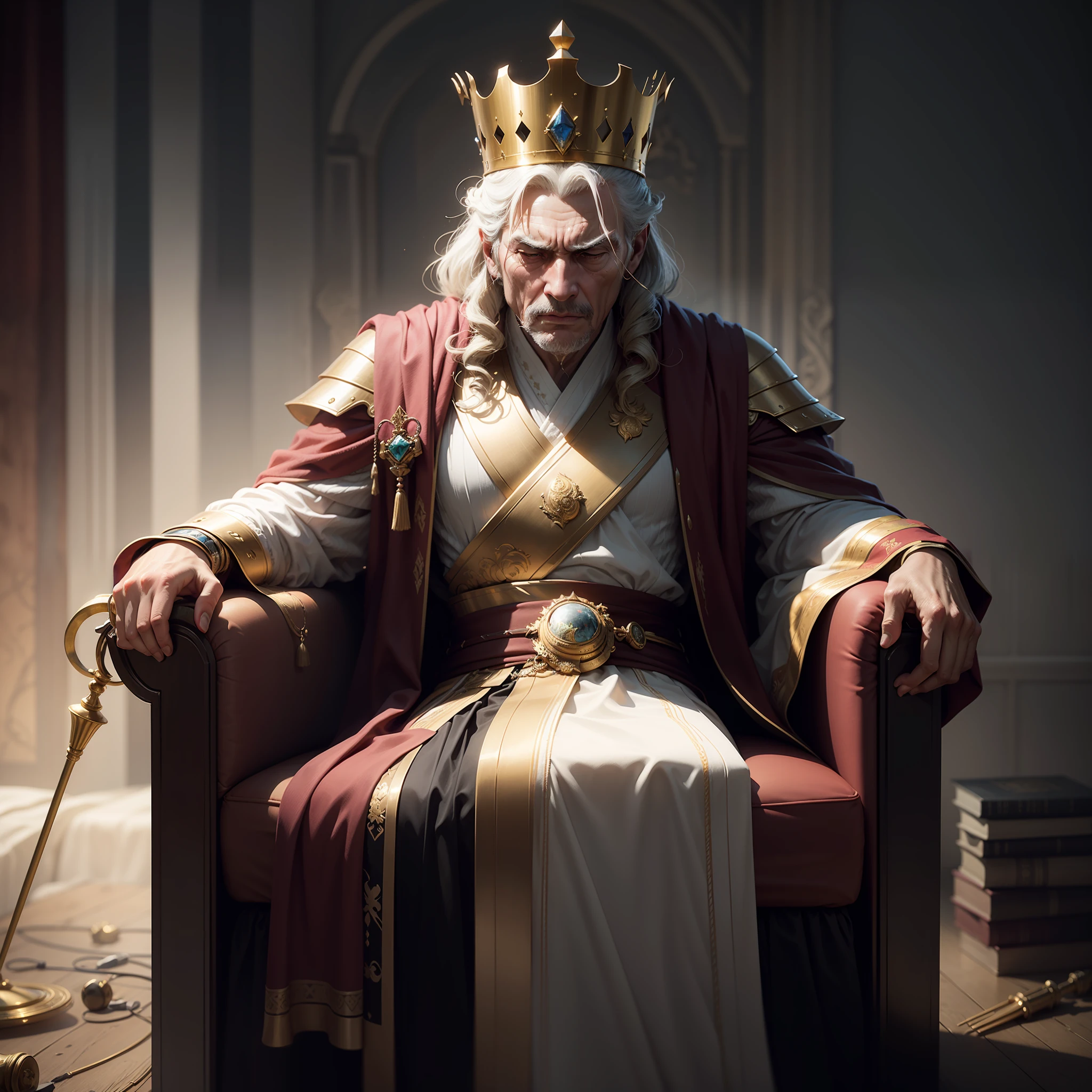 The dying emperor,Wearing a golden crown,Those with scepter,A robe woven with gold thread,Immortal empire,epic sense,Bleak brass throne,karo,victorious,concept-art,fantasy, hyper HD, High quality Ultra HD, Studio quality, Ultra photo realsisim, max detail, massive scale, Post-processing, Photorealsitic, Photorealism,Ray traching, rendering by octane
