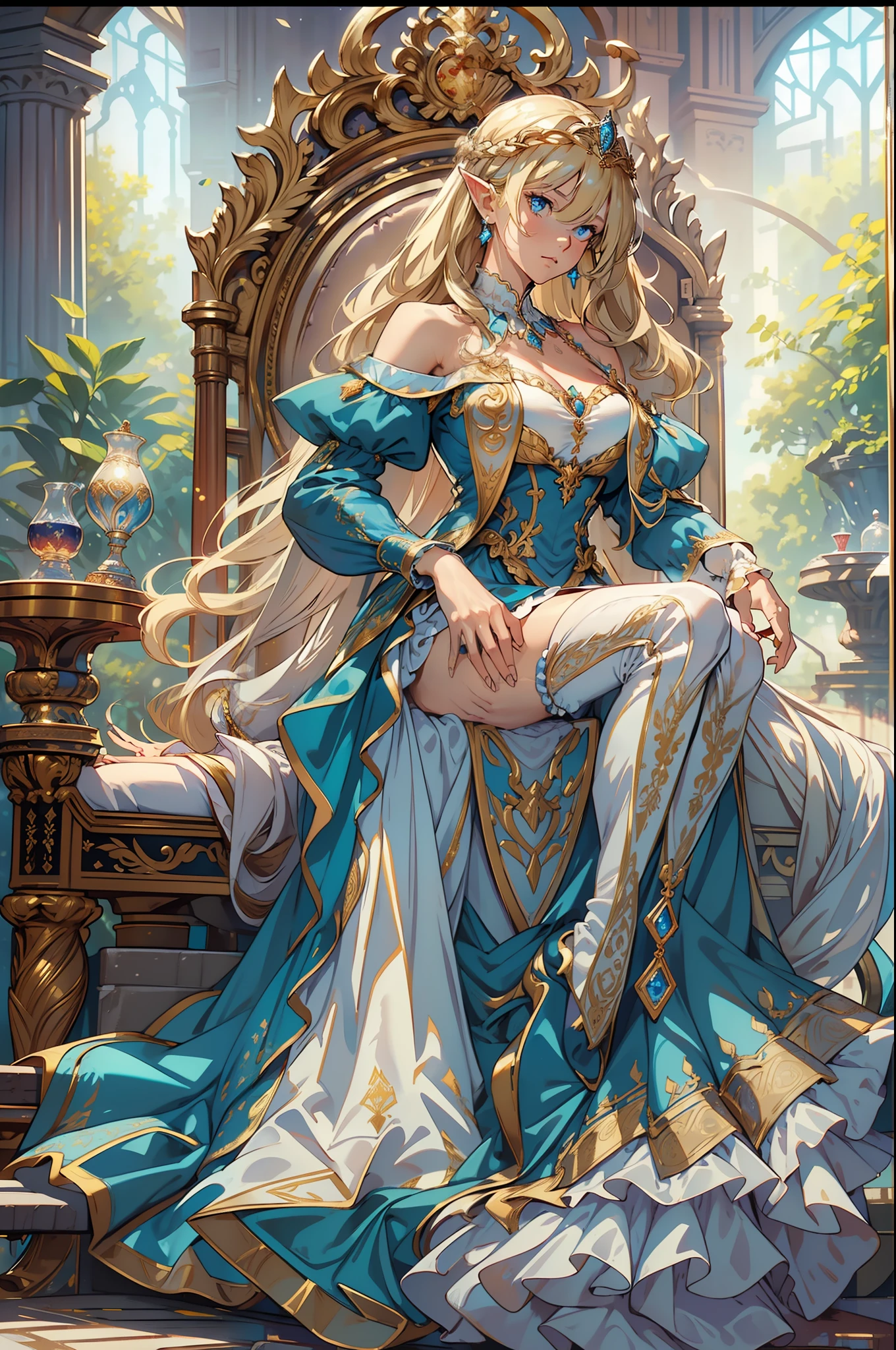 (Realistic), (Highres), 4K, 8K, Detailed Illustration, Ultra-Detailed, Ambient Light, Backlighting, Realistic Shadows, Glowing Particles, Light Particles, Digital Art, Detailed Face, Detailed Hair, (Hyper-Detailed Eyes:1.2), Soft Light, Soft Lighting, (Outdoors:1.15), Renaissance, Renaissance Architecture, Hyper Detailed Architecture, Vintage Windows, Red Curtains, (Throne:1.4), (Sitting on Throne:1.2), Front, Frontal, Huge Throne, Ornate Throne, Royal Throne, Massive Throne, (Blonde Hair:1.15), Bangs, Shiny Hair, short braids, Blue Eyes, Closed Mouth, Dignified Expression, Emotionless, Calm, Confident (Solo:1.4), Mature Female, Sexy Elf Woman, Full Body, Toned Thighs, Narrow Waist, Round Hips, (Huge Perky Breasts:1.1), Crossed Legs, (Crossed Arms:1.1) (Elegant Blue Dress:1.1), Ornate Clothes, Ornate Dress, (Blue Off-Shoulder Dress:1.1), Bare Shoulders, Skindentation, (Blue Dress:1.1), (White Puffy Sleeves, Long Sleeves, Juliet Sleeves:1.1), Long Sexy Dress, cleavage, covered , (Ballroom Gown:1.3), (Frilled Dress:1.3), (Jewelry:1.15), Collar, Gorget, Gold-Trim, Regalia, Knight