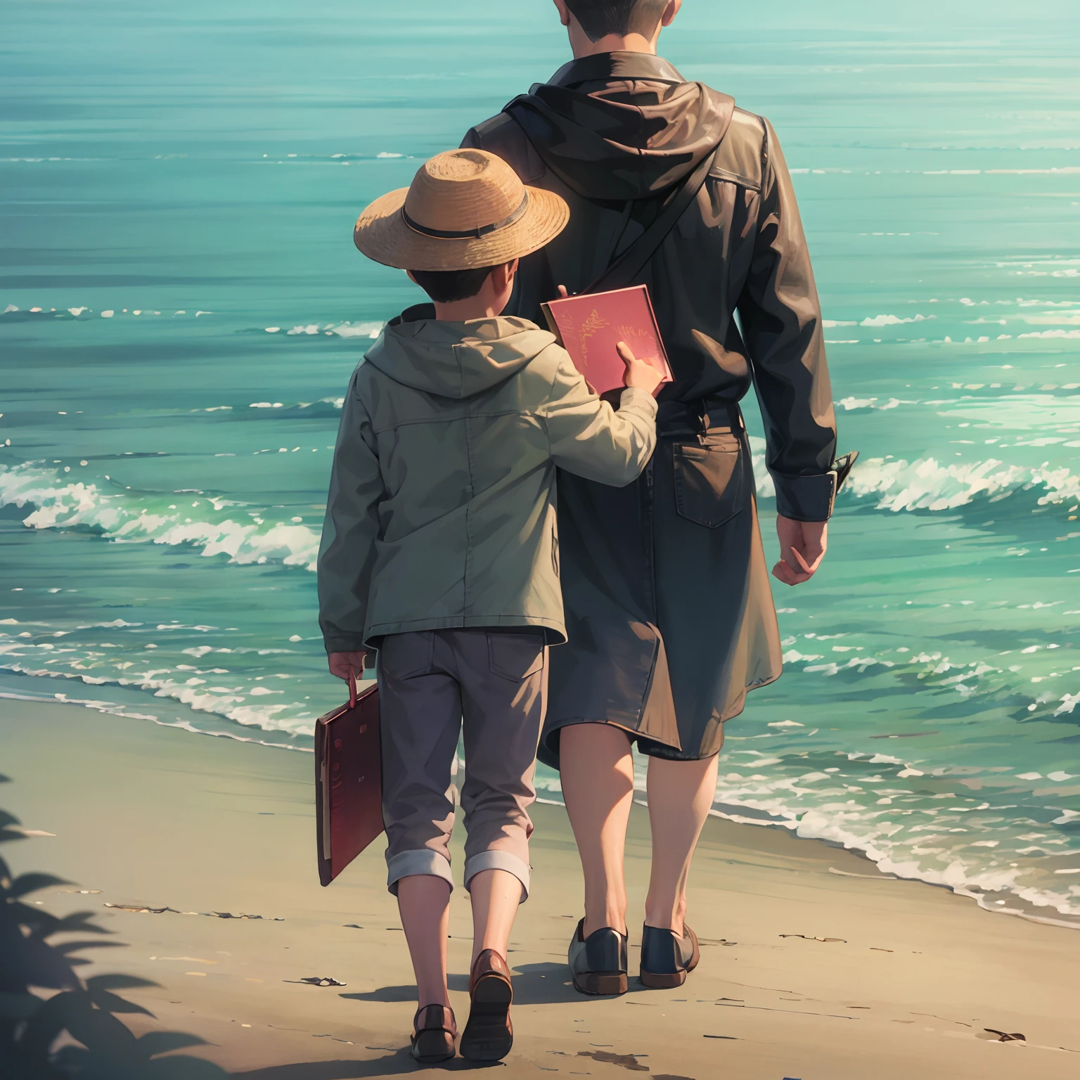 Father, the sea, the beach, the sunset, father who walks in front holding his son who walks behind, his son holding a storybook