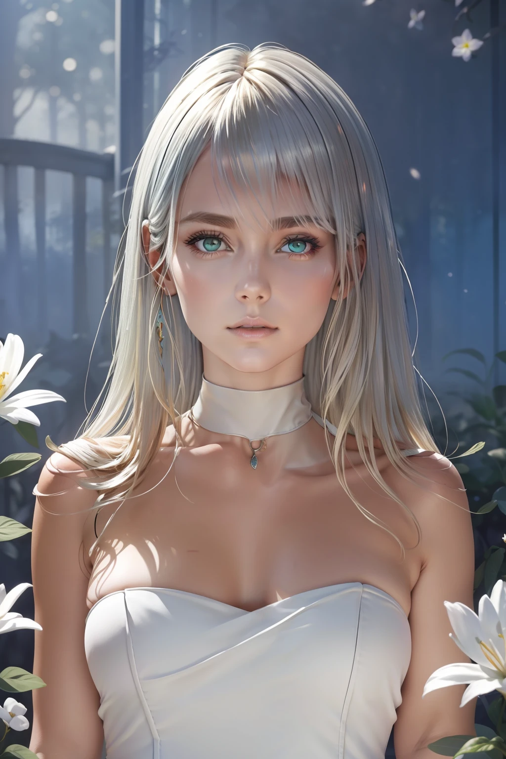 35mm, incredibly hyper-detailed and intricately realistic, full body character, adult, beautiful, female, perfect, long blonde hair, green eyes, elegant white dress, flowers in hair, detailed face, white skin, mature facial features of a woman nordica, garden background, cover art, zoom out, choker, hyper detailed painting, luminism, bar lighting, complex, 4k resolution concept art portrait