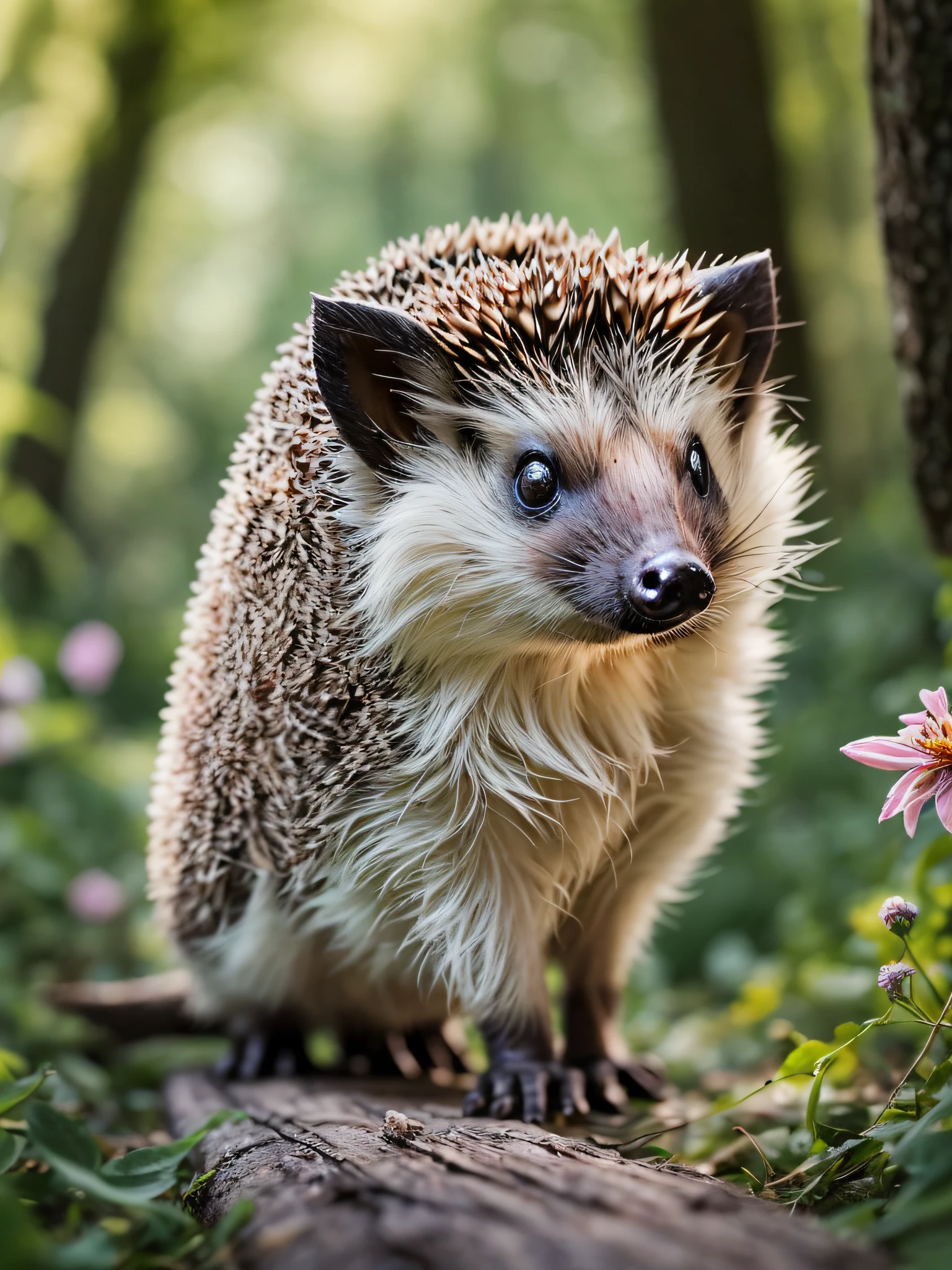 Photos of hedgehogs、Detailed hedgehogs、Spectacular realistic photos、in woods、Lots of beautiful flowers、forest trees々、Sunlight、depth of fields、blurry backround、Adds depth to images with the backlight effect of sunlight filtering through the trees、